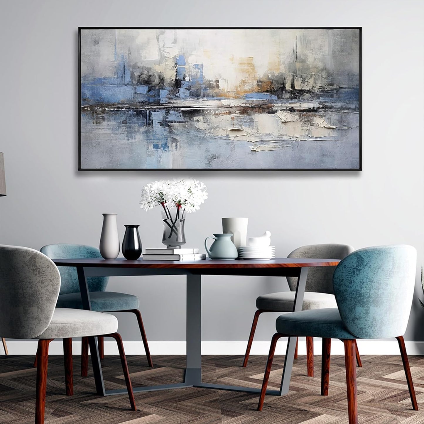 Abstract wall Art Framed Artwork Blue and Gray White Decor Modern Canvas Wall Prints Abstract Wall Decor Suitable for Bedroom apartment Office Dining Room Wall Decor Can Be Hung 24"x48"
