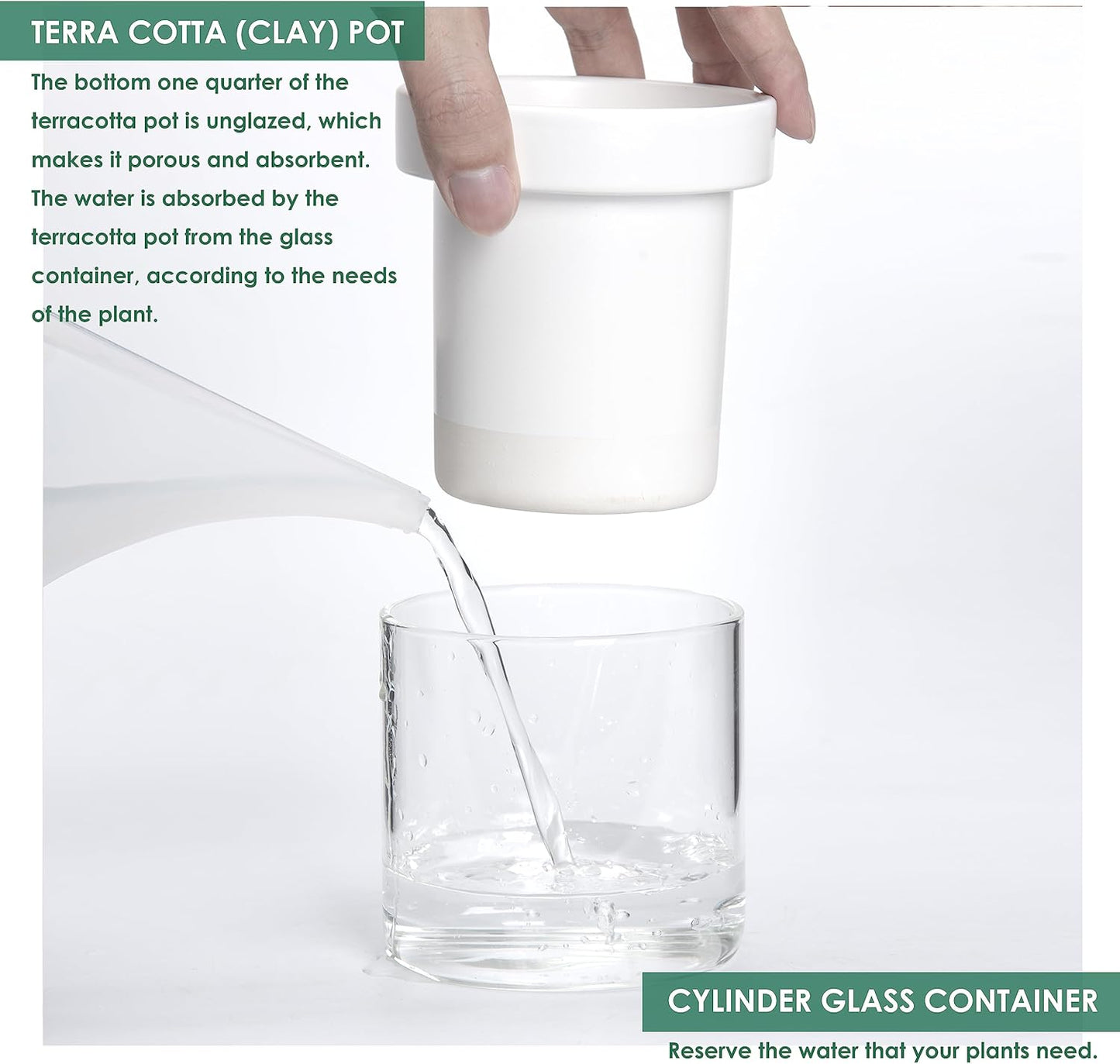 Phoenix Vine 4 Inch Self Watering Planter, White Terracotta Clay Pot with Glass Reservoir for Indoor Plants, Herbs, Flowers, Set of 4, 52-B-E-4