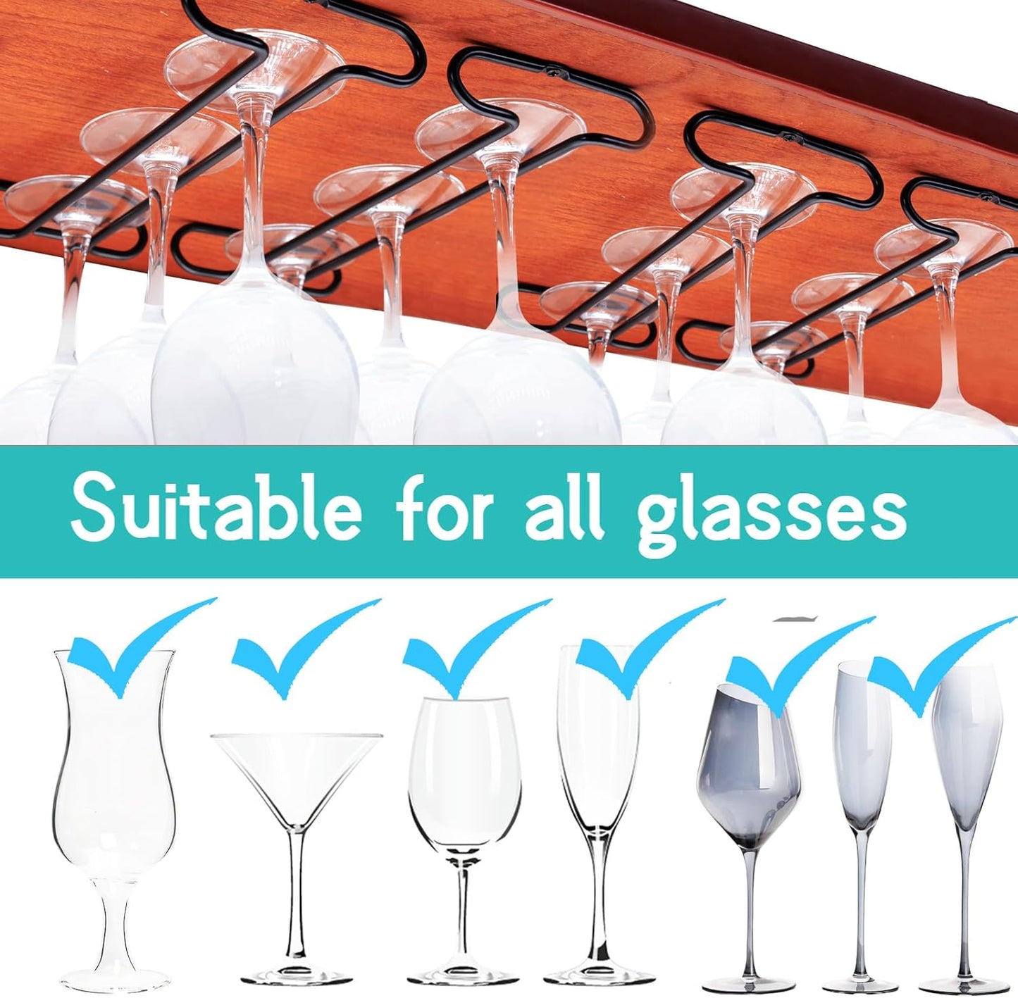 Wine Glass Rack Under Cabinet Shelf Glasses Holder Storage with Drying Stemware Rack Under Counter Metal Hanger Hanging Rack for Kitchen Black