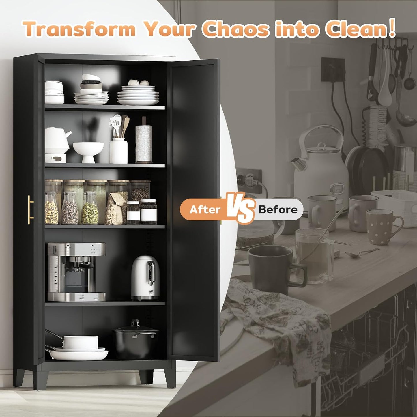 70.87" H Metal Kitchen Pantry Cabinet, Freestanding Cupboard with 2 Doors and 4 Adjustable Shelves, Tall Metal Storage Cabinet for Kitchen, Bathroom, Dinning Room or Laundry Room (Black)