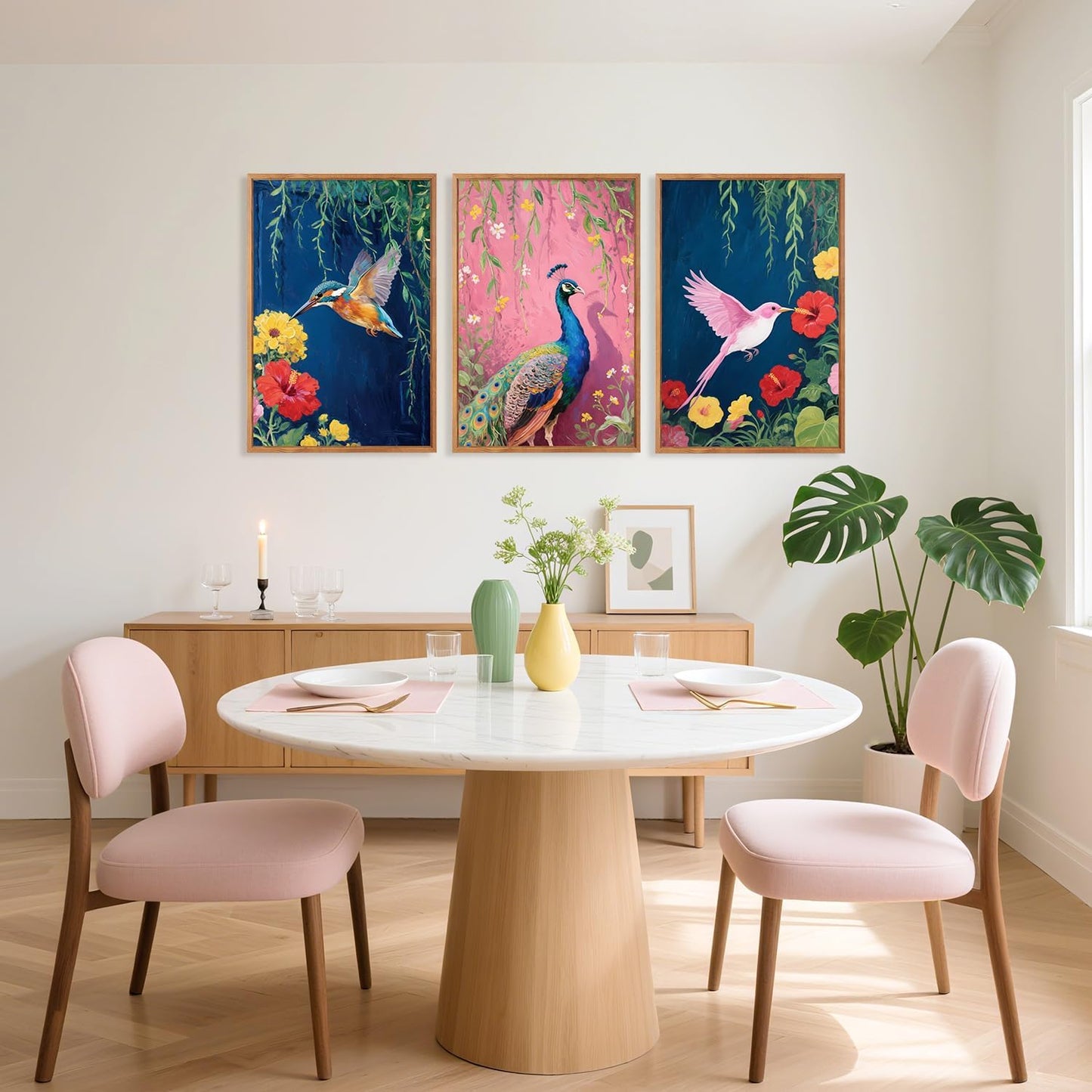 Aurlan Colorful Birds Flowers Framed Wall Art(16"x24"), 3PCS Large Classic Elegance Hummingbird Peacock Canvas Artwork, Vintage Abstract Watercolor Peony Floral Willow Decor for Home Office Bedroom