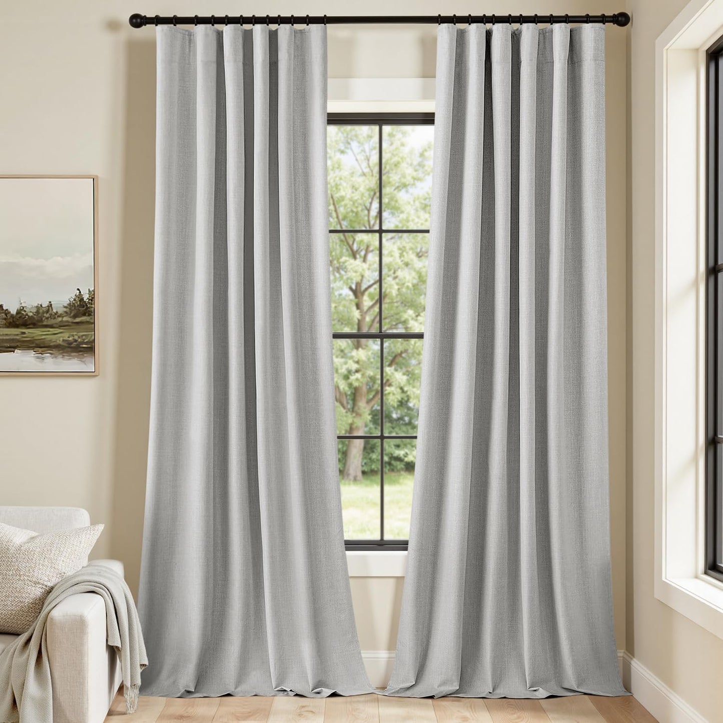 MIULEE 100% Blackout Curtains 120 Inch Long 2 Panels for Bedroom, Thick Luxury Faux Linen Black Out Curtain Room Darkening Back Tab Pleat Window Textured Drapes with Hooks for Living Room, Gery