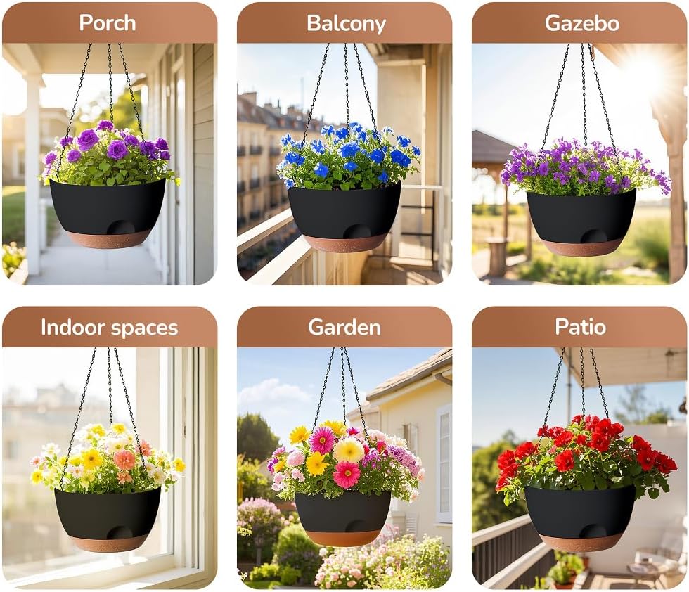12 Inch Hanging Baskets for Plants Outdoor, Hanging Planters for Indoor Outdoor Plants, Hanging Planter with Self Watering, Hanging Flower Pots (Black)