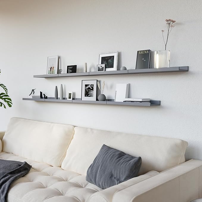 RICHER HOUSE 8 Set Floating Wall Mounted Shelves, Nursery Hanging Book Shelves with Lip for Storage, Gray Display Picture Ledge Shelf for Bedroom Bathroom Kitchen Living Room Wall Decor, Modern Grey