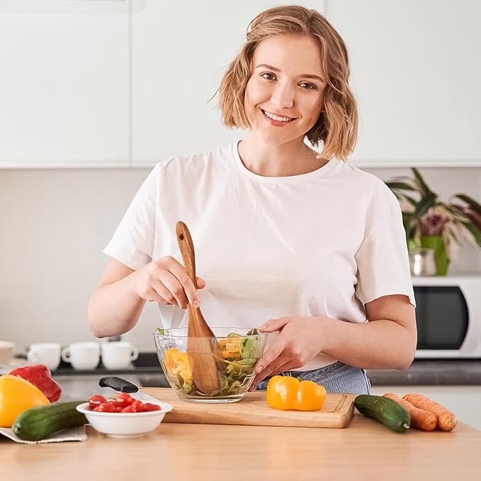 SPATUAMZ Wooden Kitchen Utensils Set, Smooth Finished Wooden Spoons for Cooking, Natural Teak Cooking Utensils Set of 9 for Nonstick Pans and Cookware