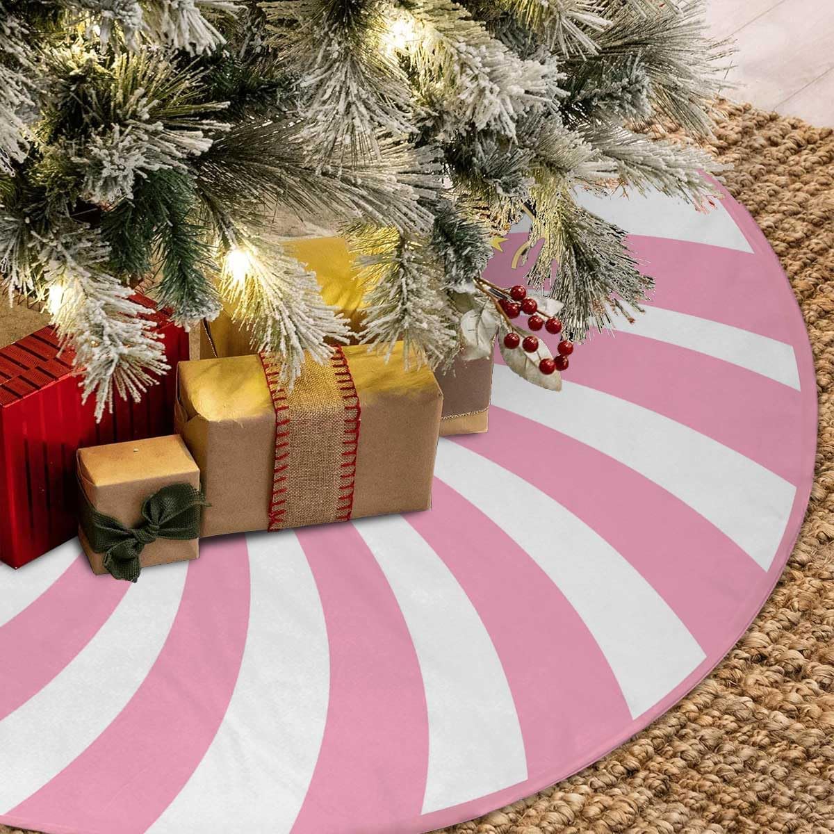 Swirl Stripe Christmas Tree Skirt 48 inches Sweet Candy Cane Pink Christmas Decorations Xmas Tree Mat Holiday Party Home Decorations (Pink, 48in)