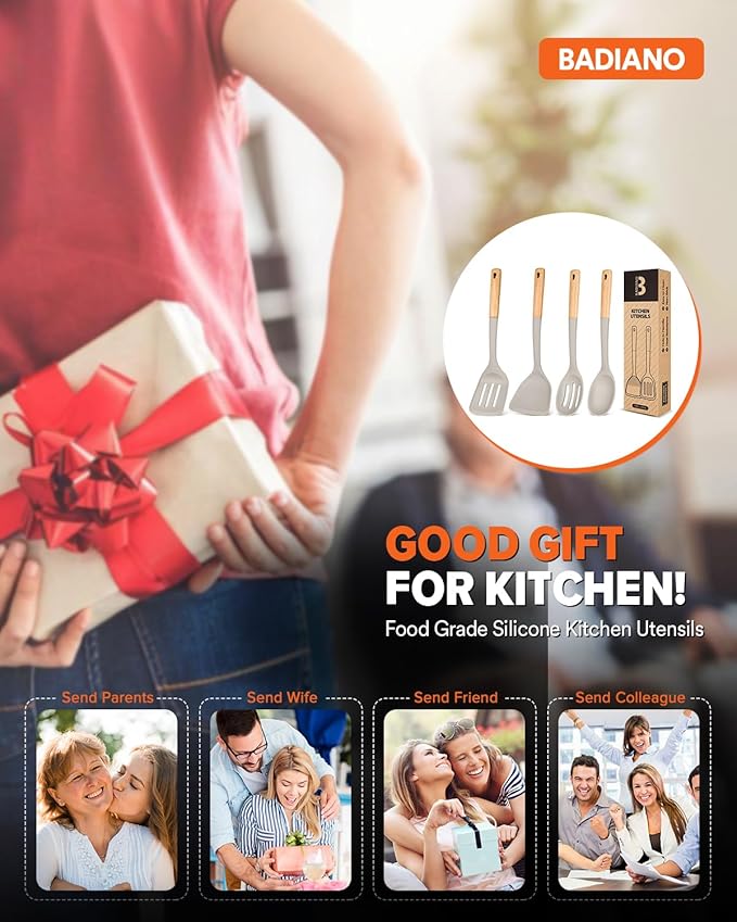 Silicone Cooking Utensils Set, Perfectly Angled for Frying, Mixing,Serving,Draining,Turning and Stirring, BPA-Free Matte Silicone, Wood Handles, Safe for Nonstick Cooking Surfaces,4 Pack (Khaki)