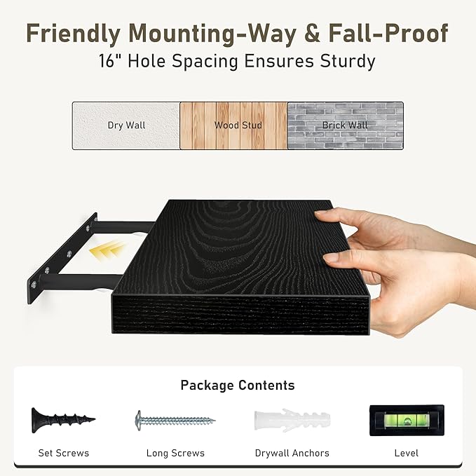 Fun Memories 55 Inch Floating Shelves for Wall 2 Pack Shelves for Bedroom|Kitchen|Bathroom 55 x 9.3 Inch Wood Floating Shelf with Invisible Brackets for Books|Storage|Decor, Black