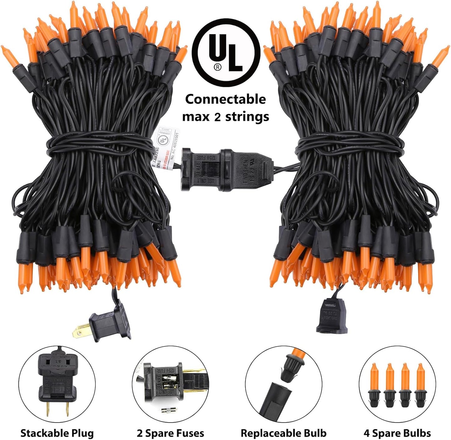 Toodour Orange Halloween Lights, 75ft 300 Count Incandescent Halloween String Lights, UL Certified Connectable Mini Bulbs Orange String Light for Home, Garden, Porch, Party, Indoor Decorations