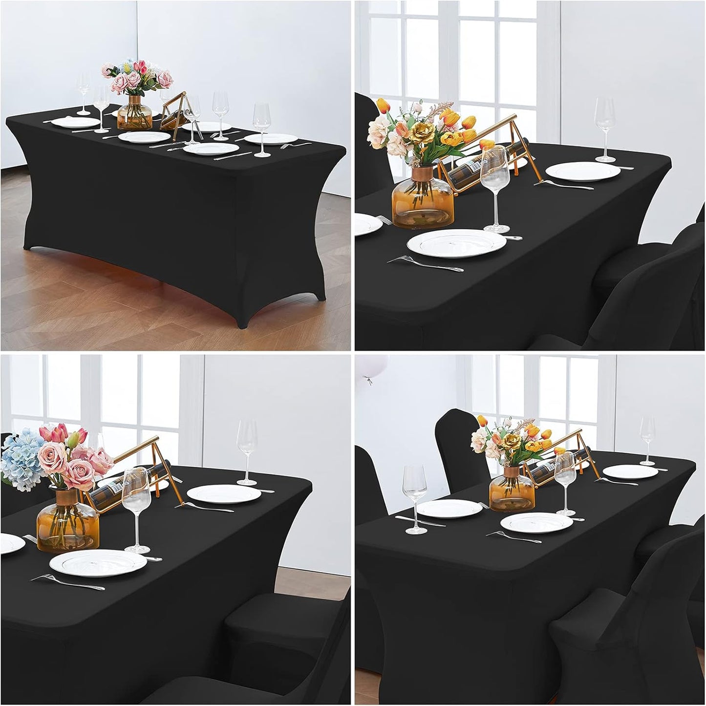CWK 4FT Waterproof Stretch Spandex Table Cover for Rectangular Tables - Elastic Fitted Tablecloth for Folding Tables,Wrinkle Resistant Table Cloth for Parties, Weddings, Banquets & Events (Black)