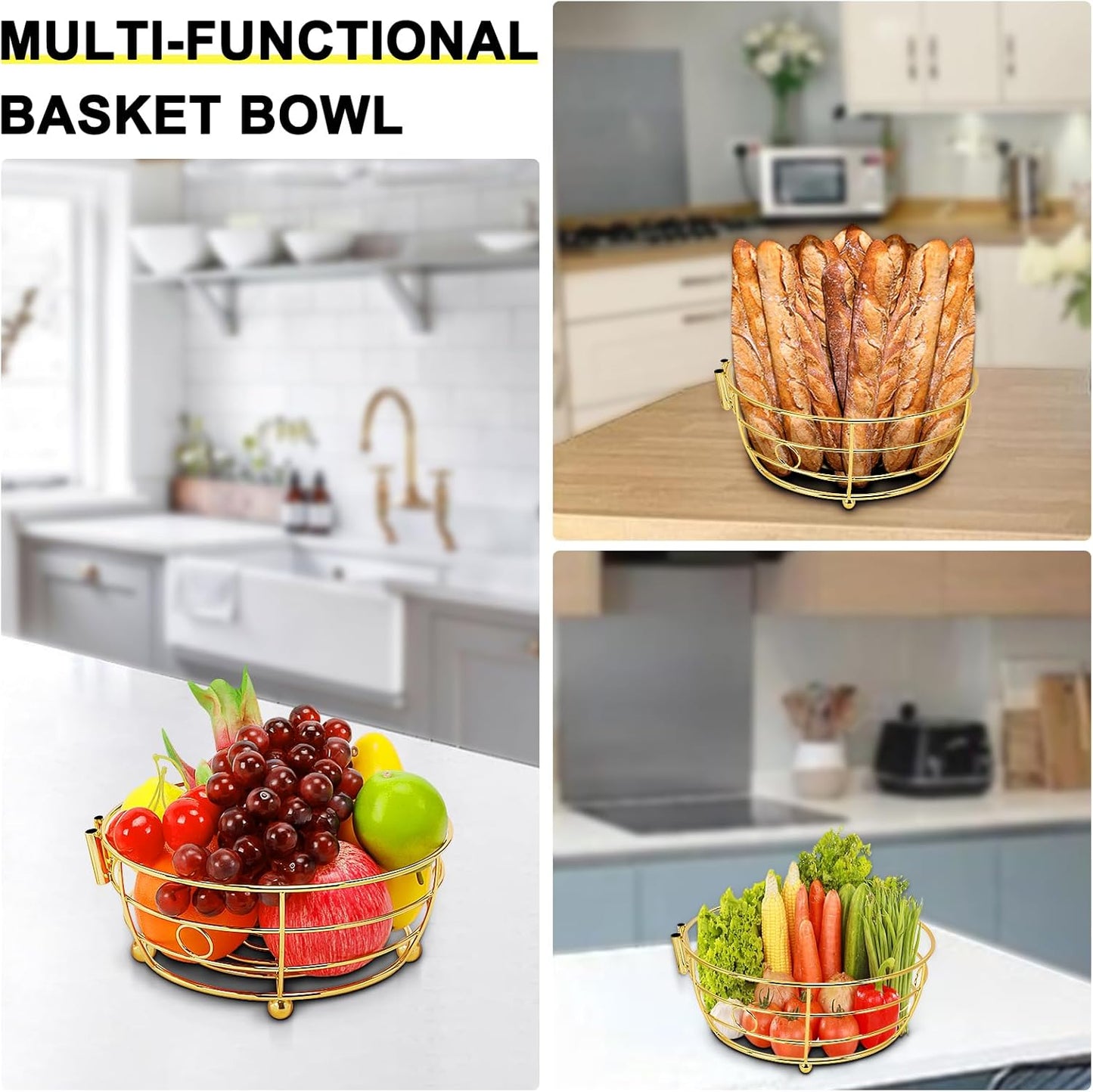 Livabber Countertop Fruit Basket Bowl with Banana Hanger, Modern Standing Fruit Vegetable Bowl Storage, with Banana Tree Holder for Kitchen Dinning Table (Round Metal, Gold)