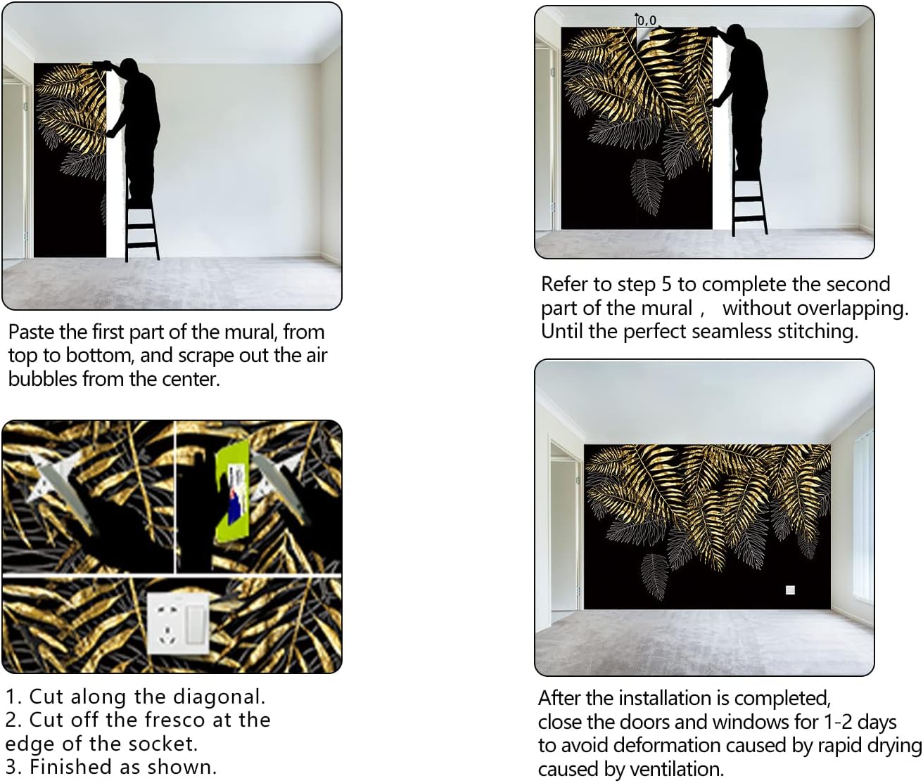 Black and Gold Leaf Mural Bedroom Tropical Botanical Wallpaper Room Plant Decor Living Room tv Background Large Wall Mural - 160"x108" (Not Peel and Stick)