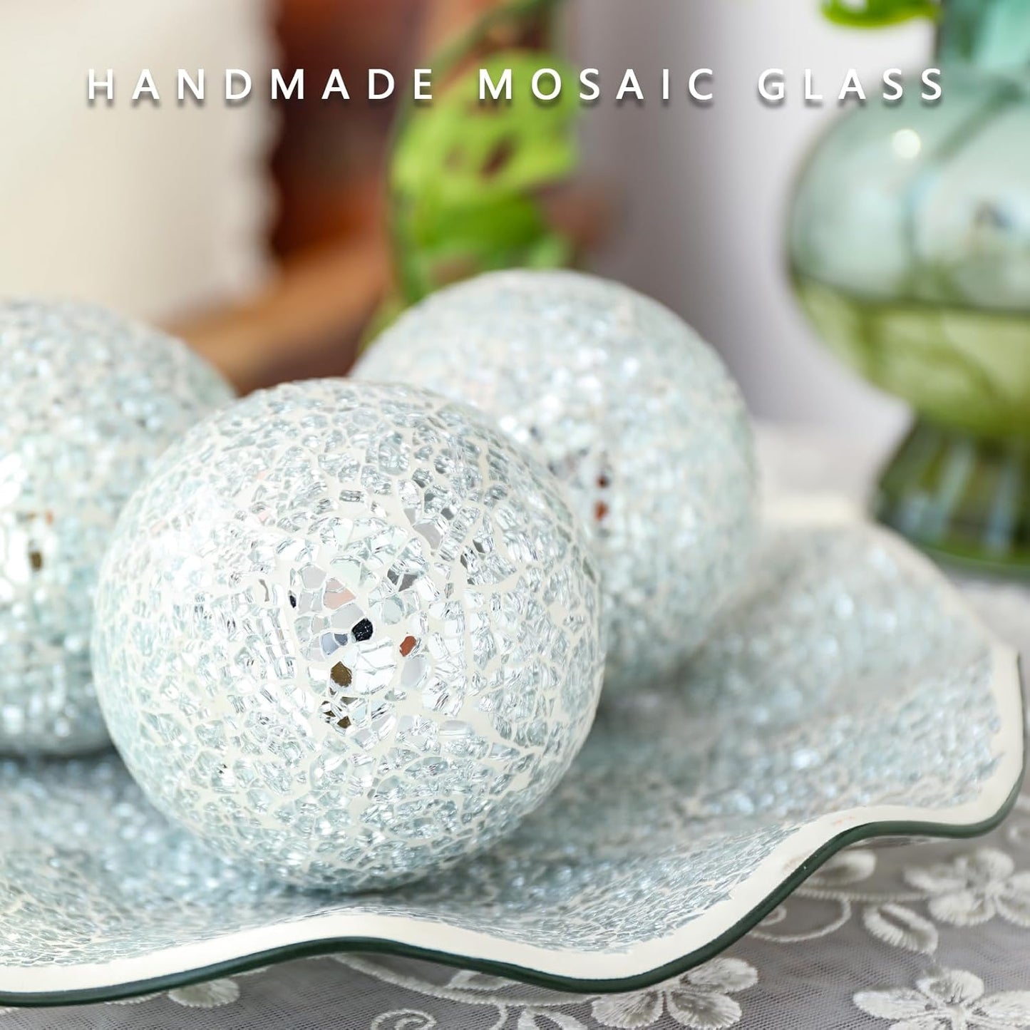 VCUTEKA Decorative Balls and Glass Bowl, 4 Inch Mosaic Sphere Balls Centerpiece Balls for Coffee Table, Home Decor, Wedding Party Decor, Silver Bowl