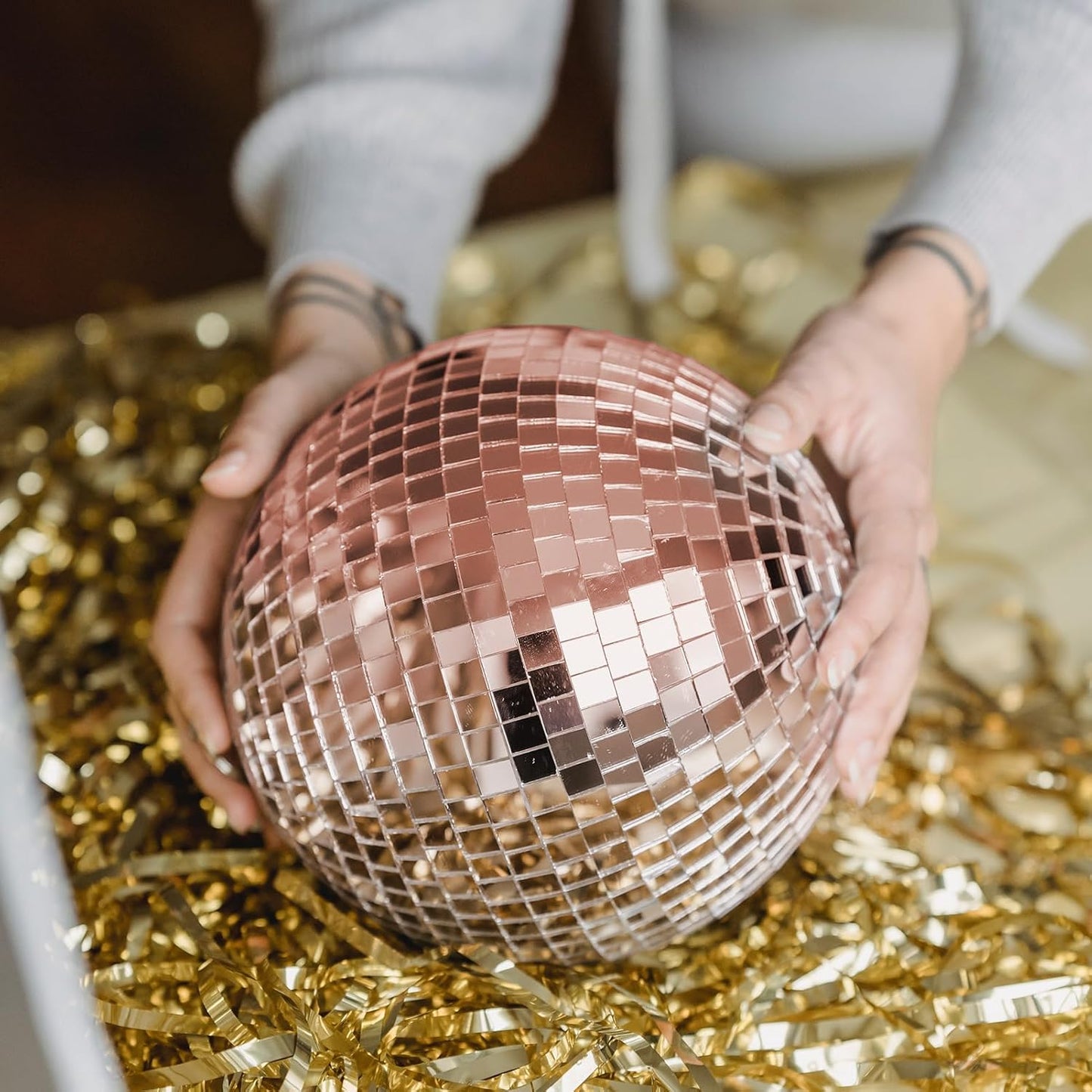 LONGKING 3776 Pieces Self-Adhesive Mirror Tiles, Square Mirror Stickers Mosaic Tiles, Glass DIY Craft Decoration, Disco Ball Tiles(Rose Gold)