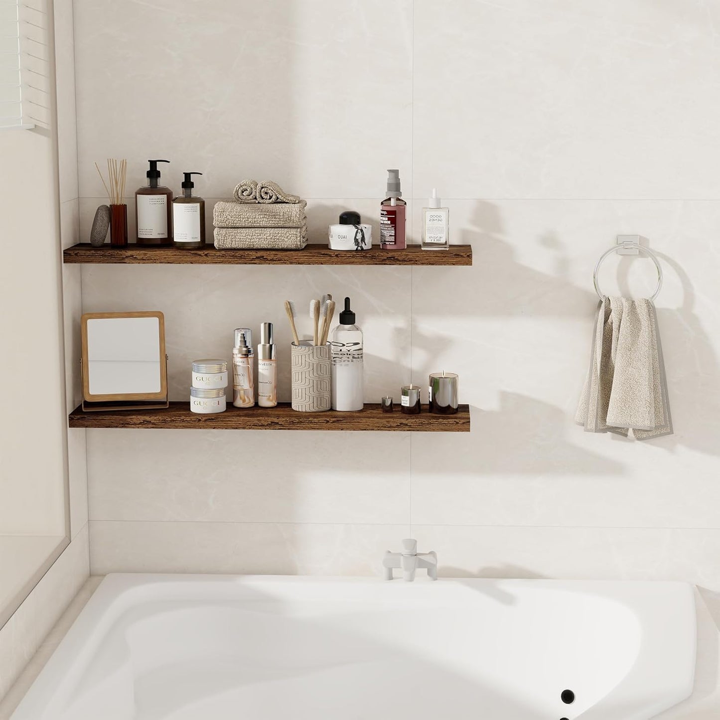 36Inch Floating Shelves for Wall 2 Pack Wood Shelves for Kitchen, Bathroom, Bedroom Wall Mounted Rustic Wood Floating Shelf with Invisible Brackets for Books, Storage, Decor, Rustic Brown