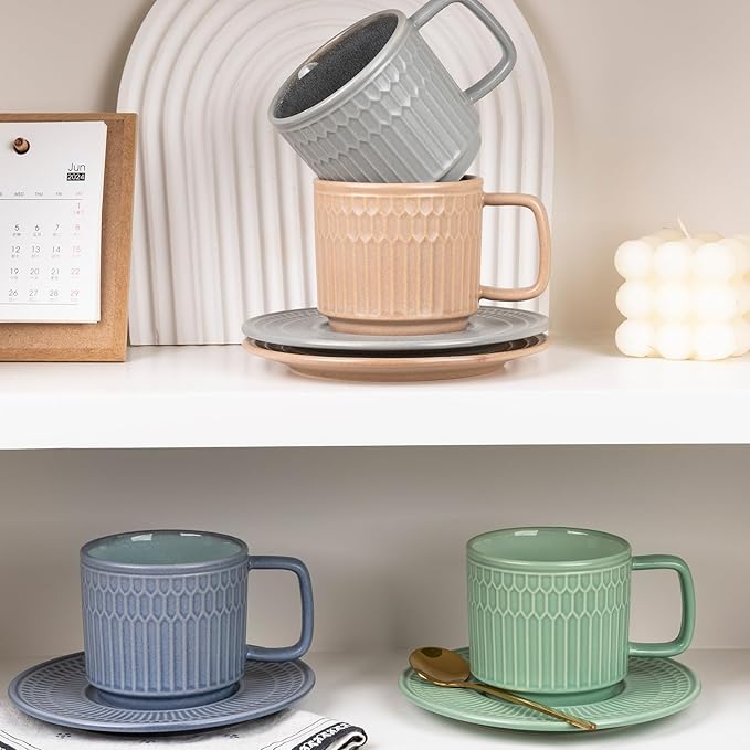 Large Cappuccino Cups with Saucers Set of 4, 8 Ounce Stackable Embossed Ceramic Coffee Mugs for Specialty Coffee Drinks, Latte, Cafe Mocha and Tea, Dishwasher & Microwave Safe (Mix)