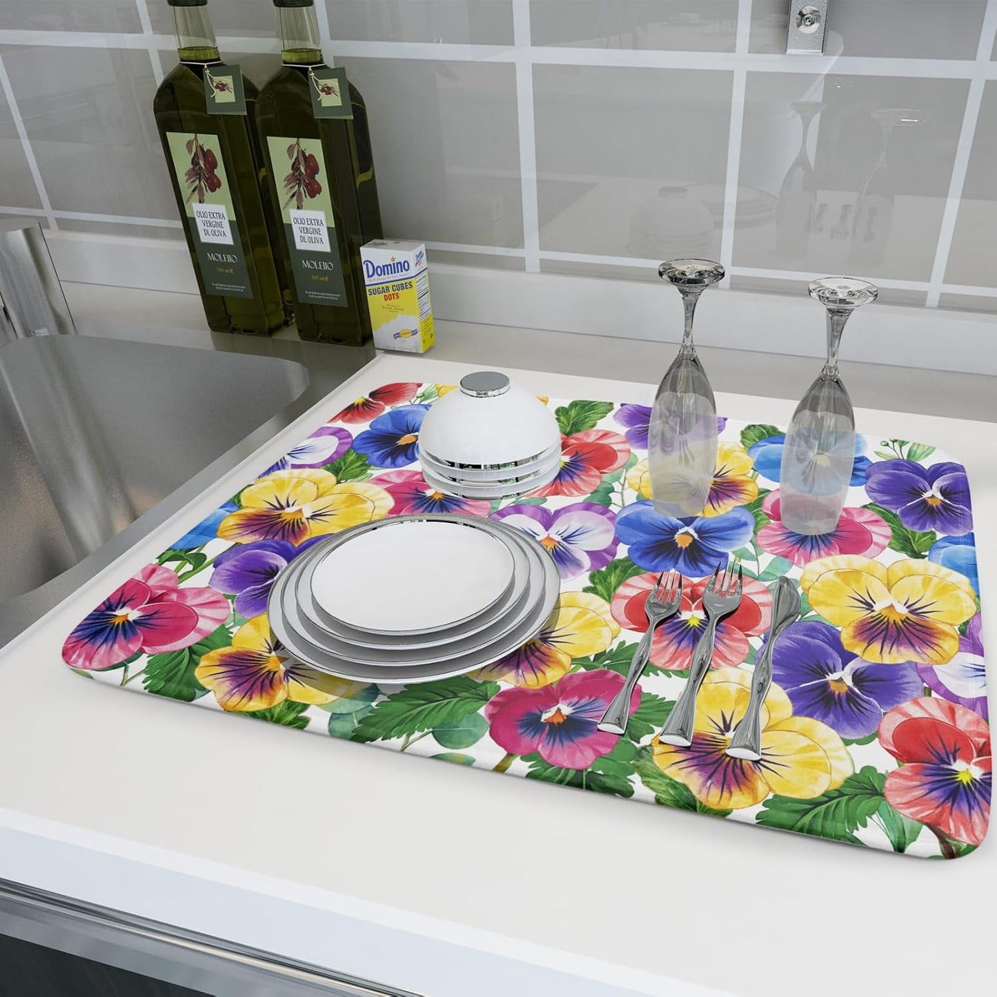 Spring Dish Drying Mat for Kitchen Counter Pansy Floral Absorbent Reversible Microfiber Kitchen Countertop Protector Dishes Pad Large 18x24 inch