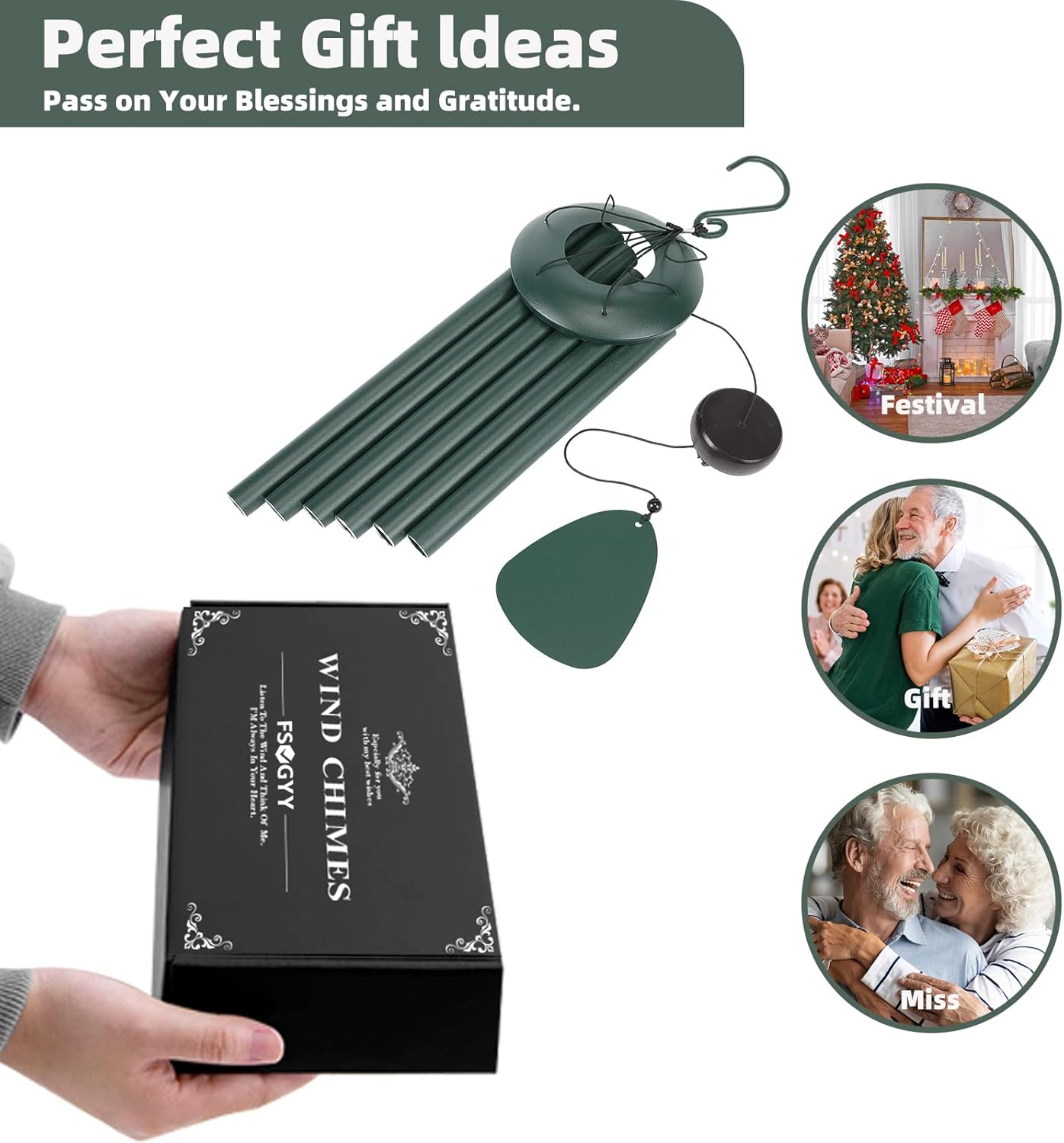 Wind-Chimes-Outdoor-Deep-Tone, Large Soothing Melodic Tones Windchimes, Wind Chimes for Outside, Memorial Wind Chime Best Gift for Mom Women Grandma Neighbors(32" Forest Green Coated Aluminum)