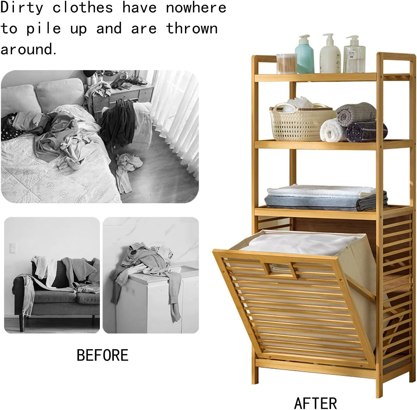 Laundry Hamper with 3 Tier Shelves & Tilt Out Basket, Laundry Baskets Organizer Hampers Bathroom Storage Shelf for Laundry Room, Bathroom, Guest Room (3-Tier Small)