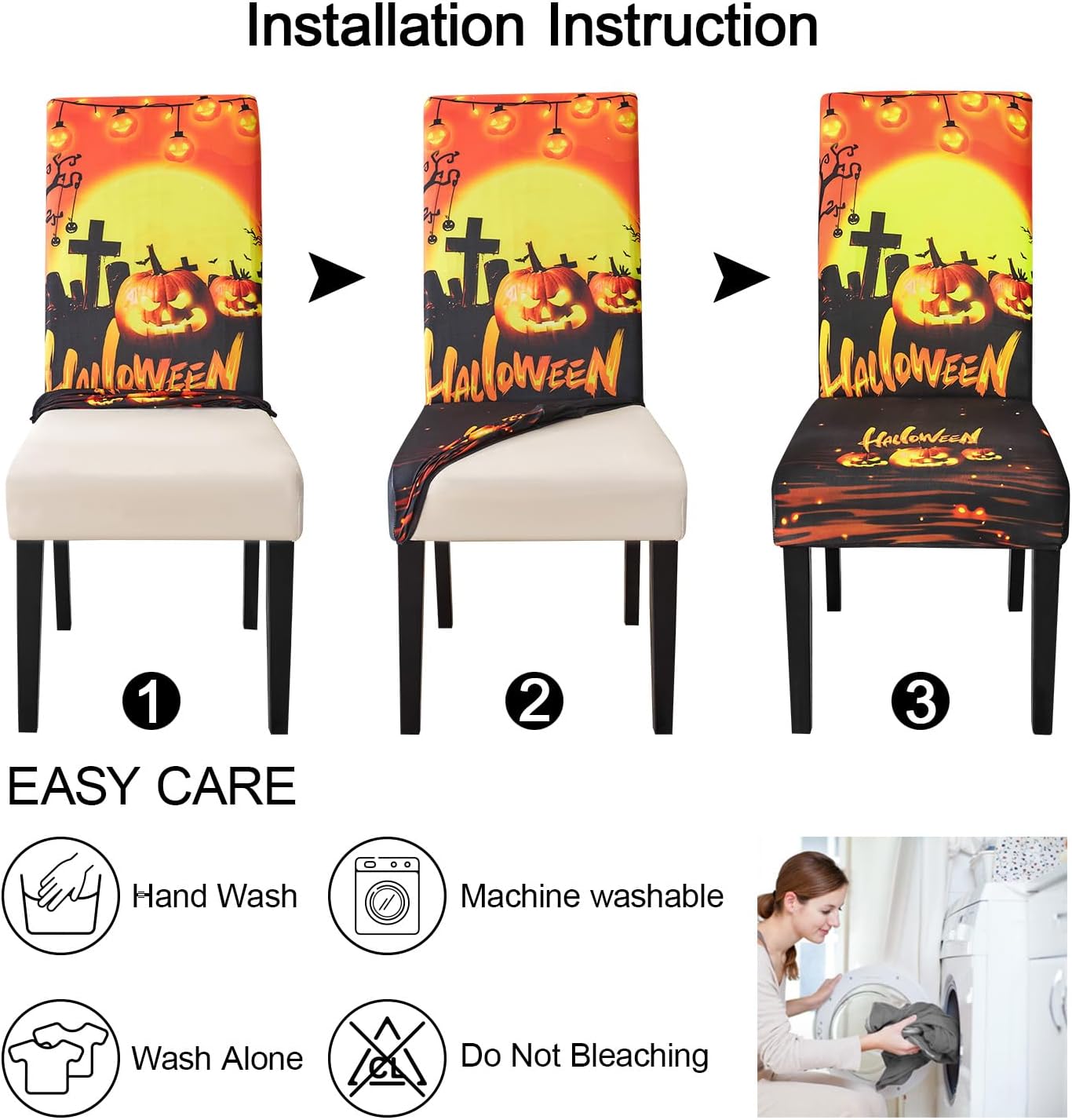 JQinHome Orange Halloween Chair Slipcover, Pumpkin Chair Covers Set of 4, High Stretch Washable Chair Protector Cover for Dining Room, Kitchen,Home Party,Wedding Ceremony(Orange,4PC)