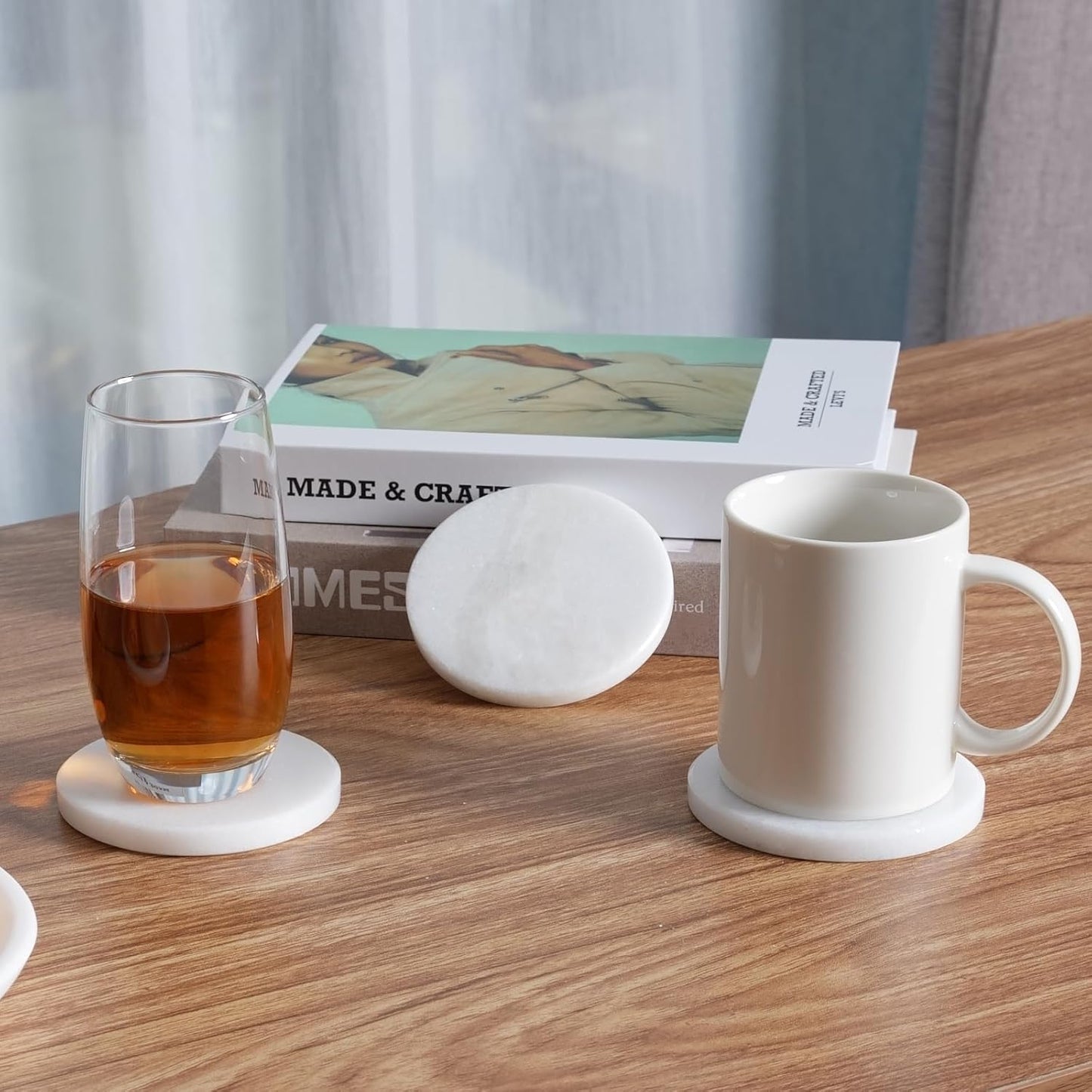 BCS Marble Coasters Set of 6 - Premium White Stone Coasters for Drinks with Holder - Cup Mats for Coffee, Tea, Beer, Wine - Elegant Table Decor for Home, Office, Dining