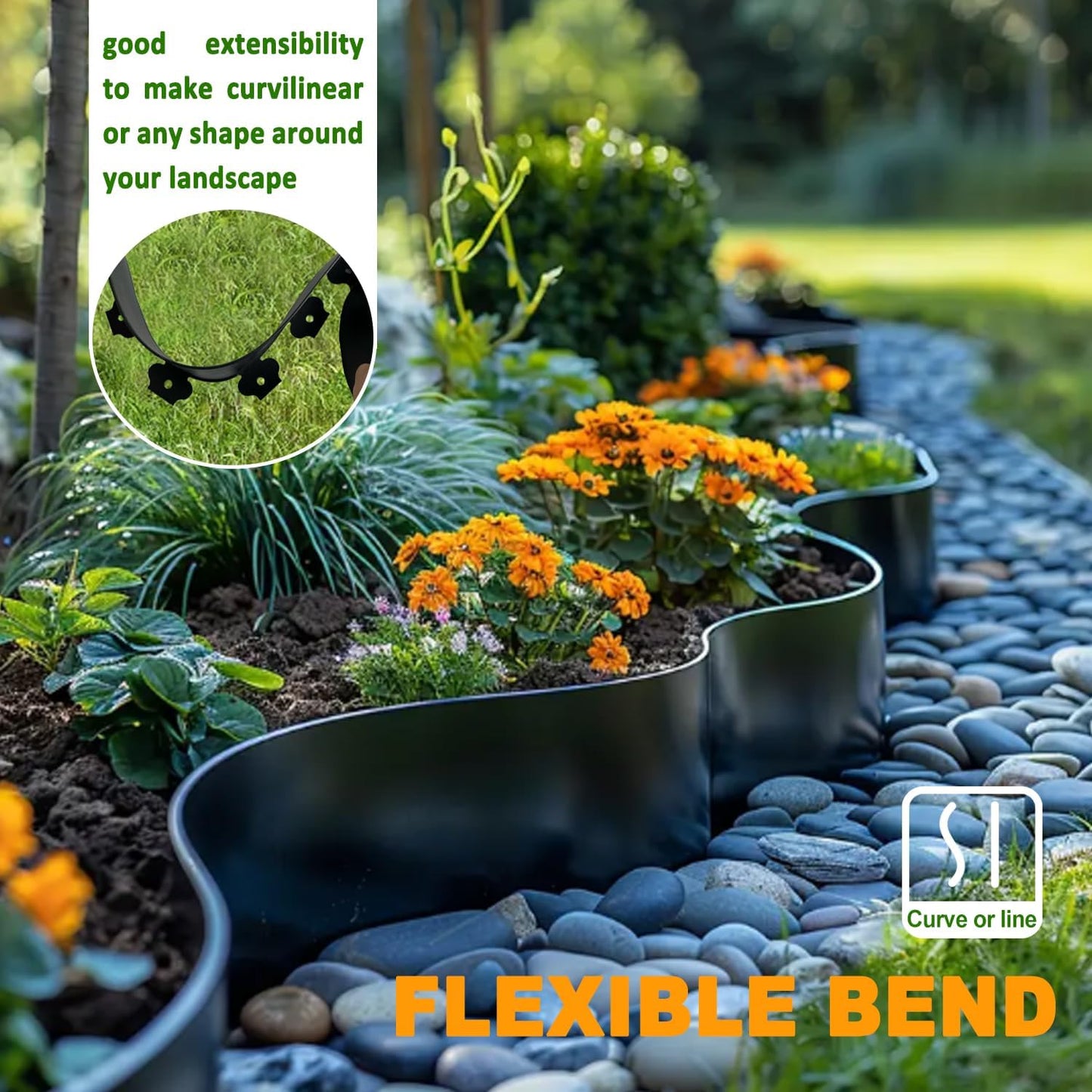 Hugeleaf 4.5 Inch Tall Landscape Edging 60 Feet Garden Edging with 60 Spikes, Plastic Landscape Border Edging for Landscaping Lawn, Flower Beds(Black)