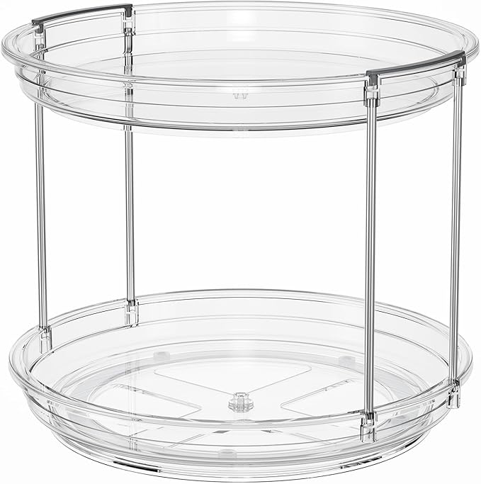 LAMU 10.6in Rotating Makeup Organizer for Vanity, 2 Tier Lazy Susan Turntable Stackable Spinning Skincare Organizer Cosmetic Perfume Tray for Bathroom Counter, Large Capacity, Clear
