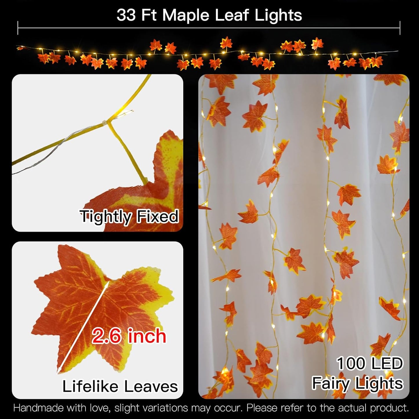 suddus Vine with Fairy Lights Battery Operated, 33ft 100 LED Maple Leaf String Lights with Remote, Dimmable Fall Garland with Lights for Bedroom Wall Indoor Outdoor Thanksgiving Decor (Warm White)