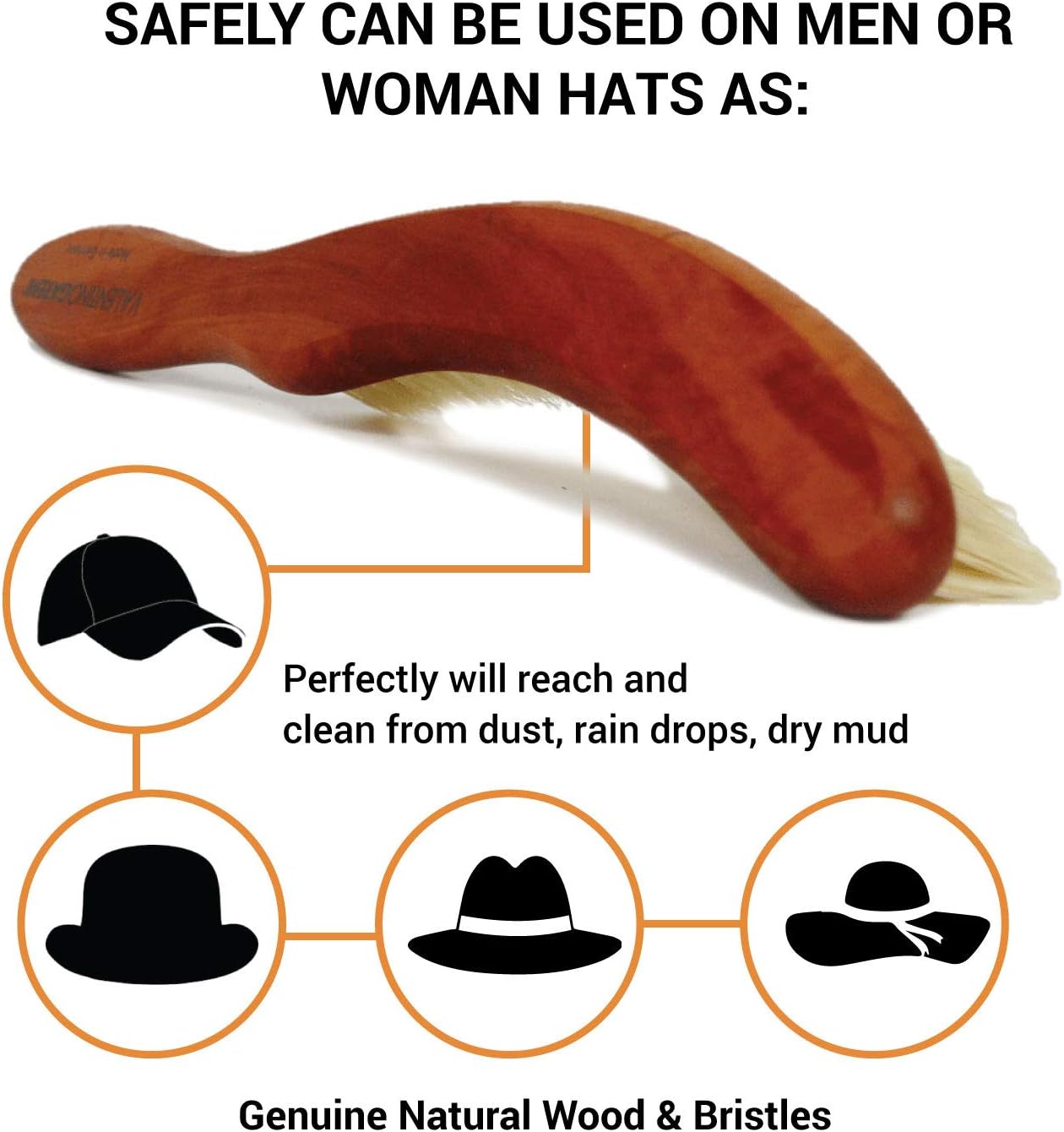 Valentino Garemi Classic Cleaning Hat Brush – Eliminate Dry Stains Dust Rain Spots Sweat Stains Pet Hair – Superb Pear Stained Wood and Genuine Boar Hair – Made in Germany