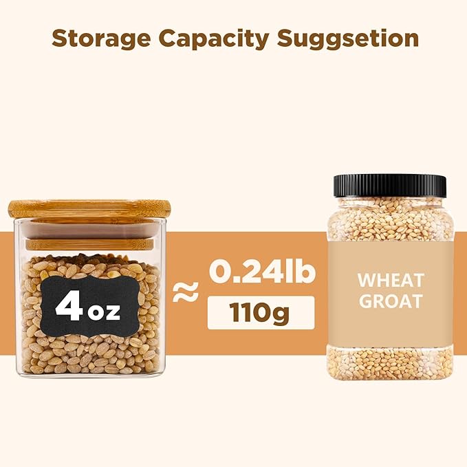 Glass Food Storage Jars Square 4oz, 12 Pack Glass Jars With Bamboo Lids, Kitchen Storage Containers For Spice, Candy, Cookie, Storage For Pantry Organizers