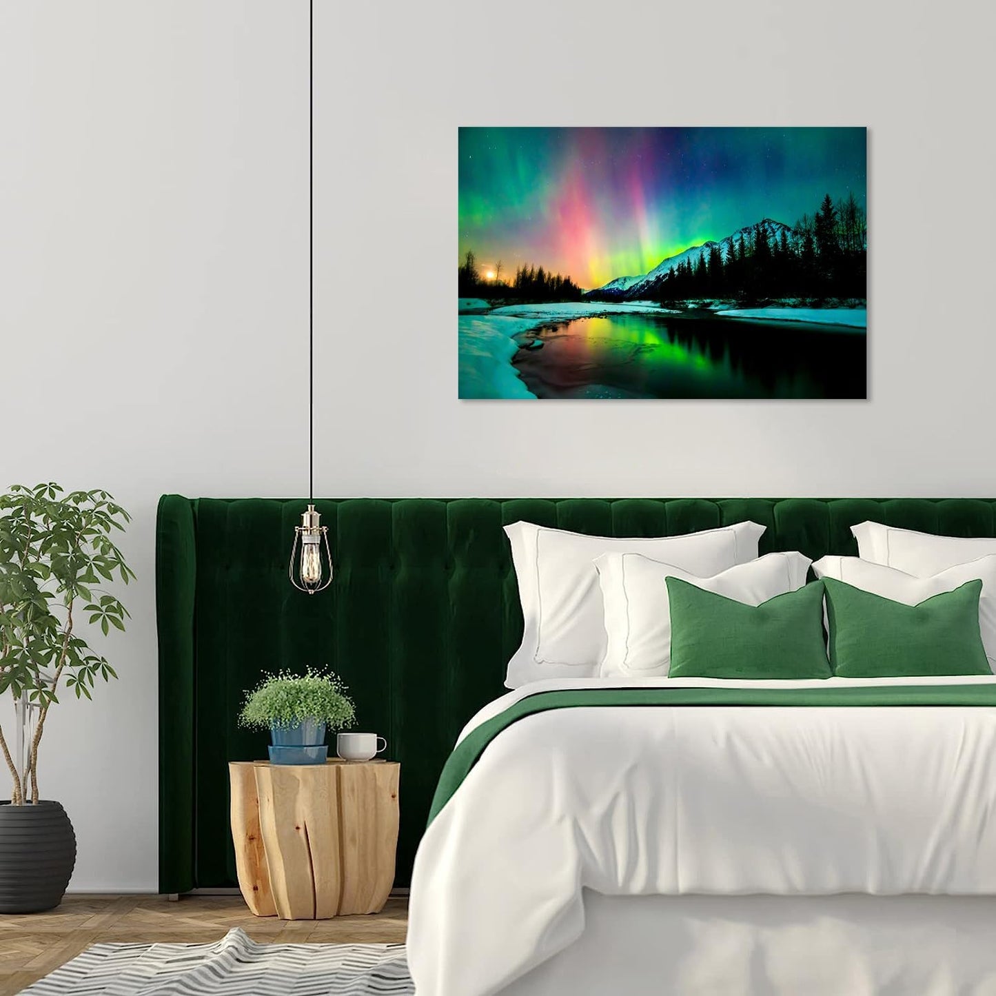 Aurora Borealis Canvas Wall Art Northern Lights Canvas Print Painting for Living Room Snowy-Mountains-Landscape Poster Picture Wooden Framed Prints Ready to Hang(28.00"x44.00")