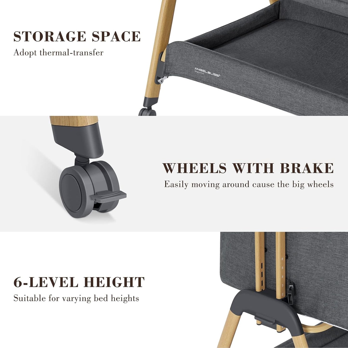 ANGELBLISS Baby Bassinet, Bedside Sleeper, Easy Folding Bedside Crib with Breathable & Washable Mattress Baby Bed, 6-Level Adjustable Portable Bassinets for Safe Co-Sleeping for Newborn Infant