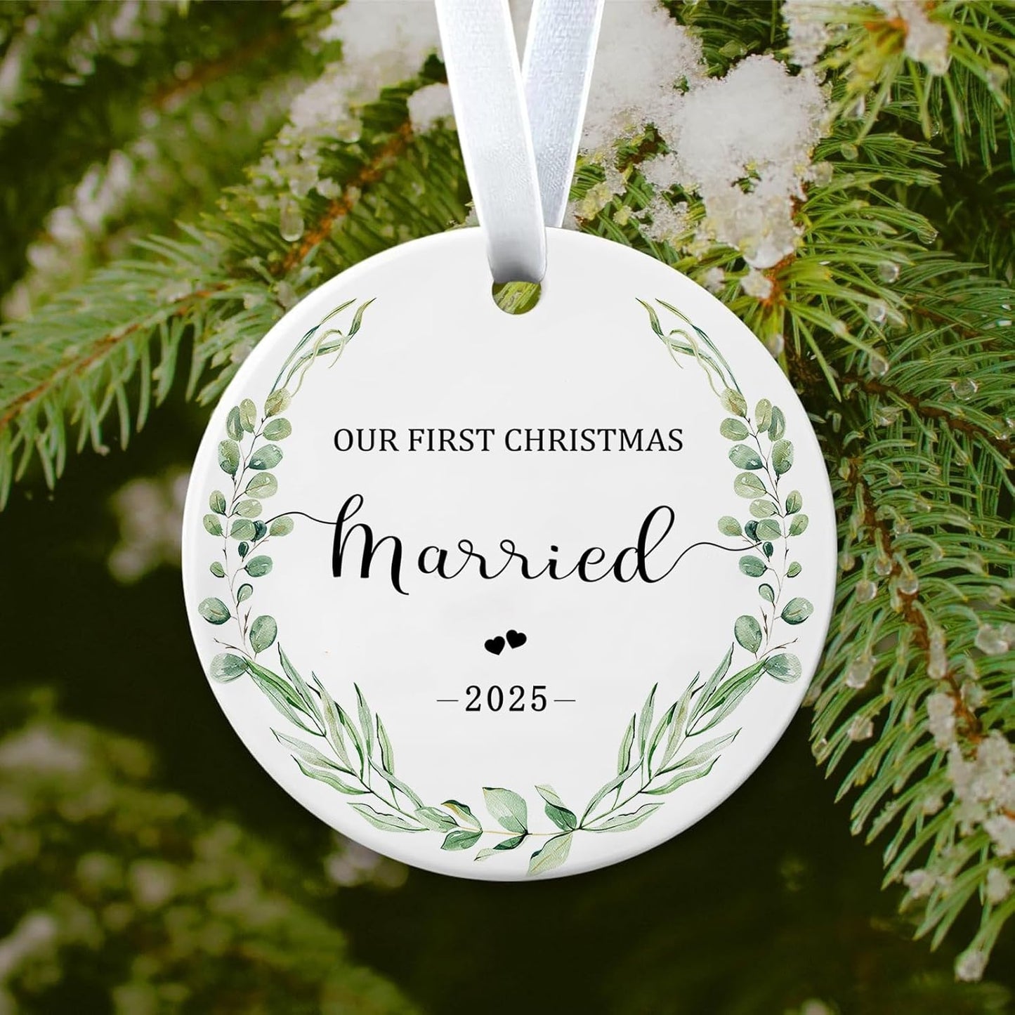 Christmas Ornaments 2025 Our First Christmas Married 2025 Ornament 1st Xmas Married Presents Newlywed Ornament Xmas Hanging Decor for Bridal Shower Wedding Gift 3 Inch Ceramic