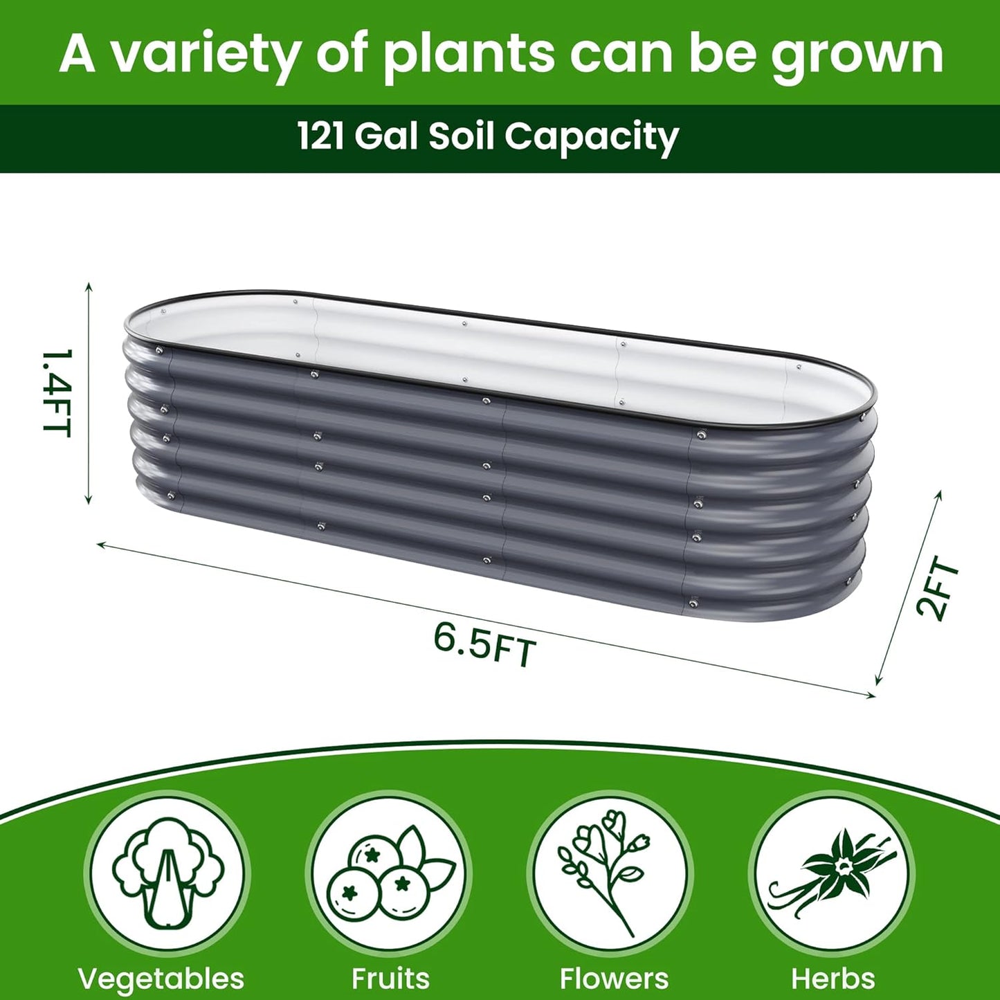 Oval Raised Garden Bed for Outdoors - 6.5X2X1.4 FT Galvanized Planter Raised Beds, Metal Planter Box for Vegetables,Flowers, Herbs, and Succulents(Deep Gery)