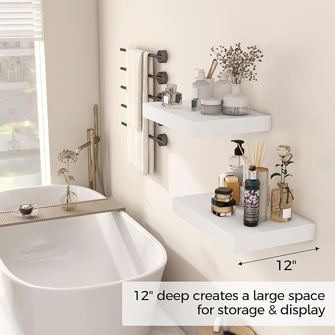 12 Inch Deep White Floating Shelves, 16 x 12 Floating Shelf for Books, Rustic Wood Deep Wall Shelves for Home Storage & Display, 2" Thicked Shelves for Kitchen, Living Room, Bedroom, 2 Pack