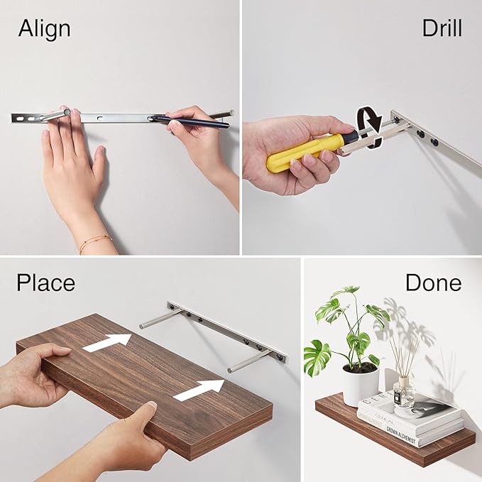 BAYKA Floating Shelves for Wall, Wall Mounted Rustic Wood Shelves for Bathroom, Bedroom, Living Room, Kitchen,Small Hanging Shelf for Books/Storage/Room Decor (Walnut-Like, Set of 3, 15.7in)