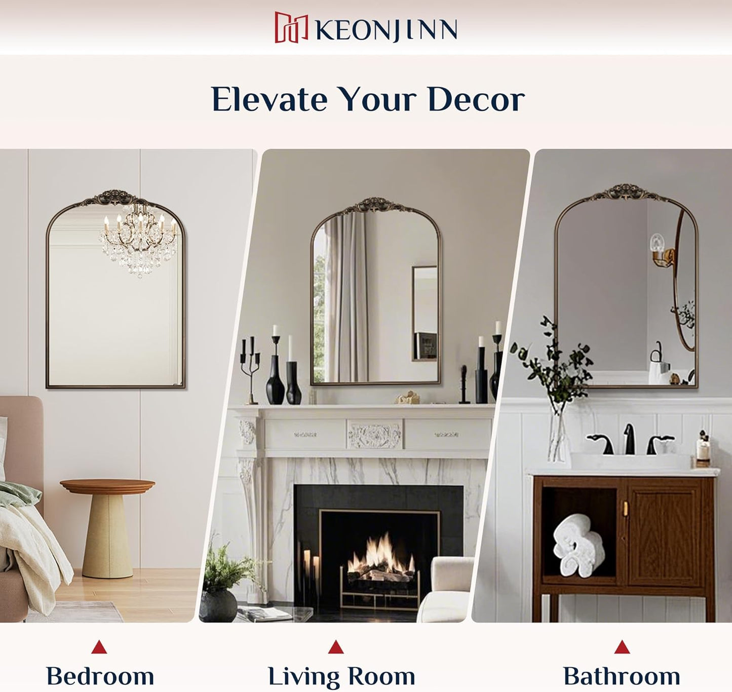 Keonjinn Vintage Mirror for Wall, 36" x 30" Bronze Antique Mirrors with Metal Frame, Baroque Style Decoration for Mantle, Bathroom, Living Room, Fireplace, Bedroom, French Cleat Mounting