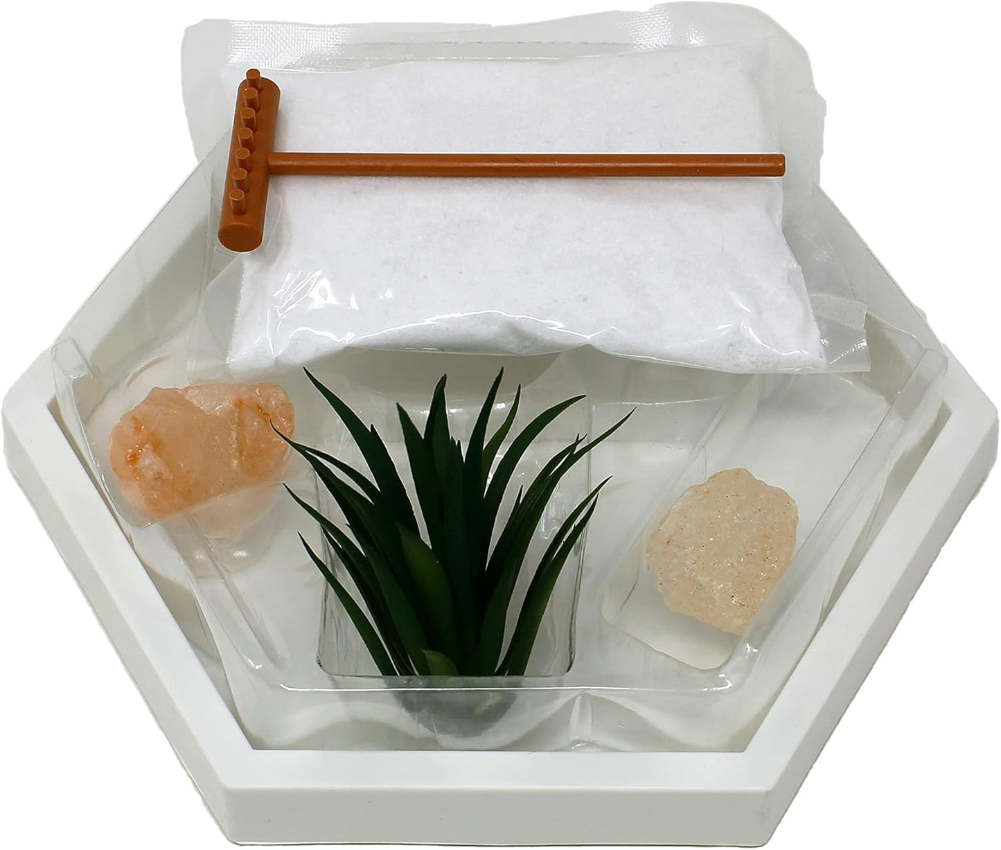 Nature's Mark Mini Zen Garden Kit for Desk with White Sand, Rake, White Base, Salt Rock and Air Plant (Hexagon)