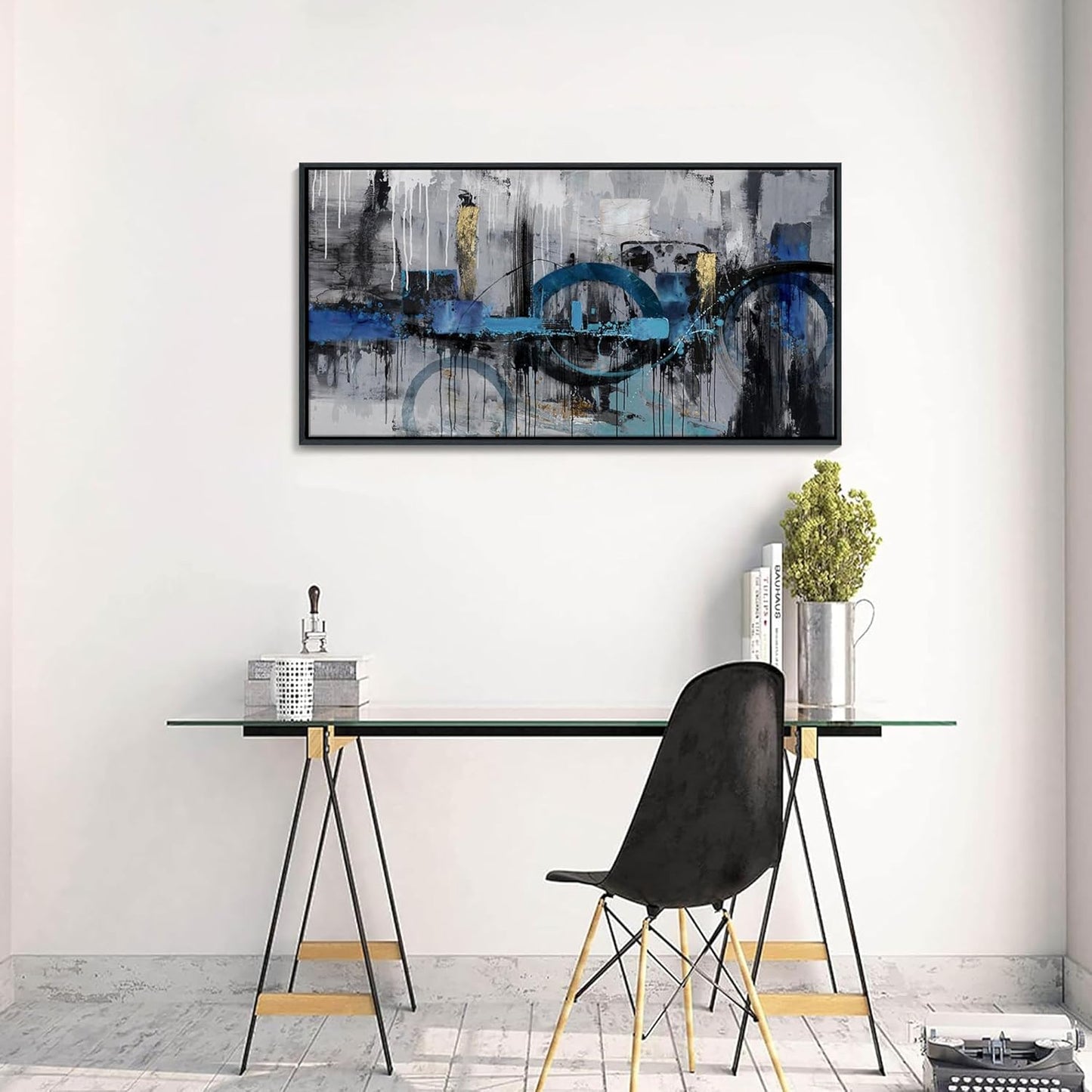KLAKLA Blue and Gray Abstract Canvas Wall Art - Lnk Style Gold City Scenes Wall Decor Living Room Bedroom Decoration Black Frame Picture Artwork for Wall Modern Landscape Wall Decor