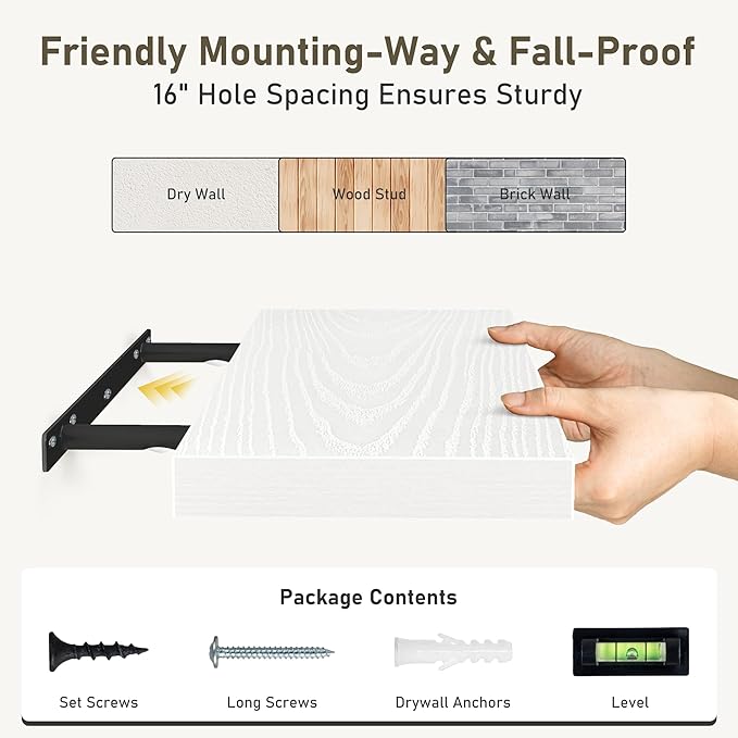 Fun Memories 32 Inch Floating Shelves Wall Shelf Set of 3, White Bathroom Shelves 32 Inch, Farmhouse Home Decor Living Room, Kitchen White Shelves for Wall, 32 x 6.7 x 1.4 Inch