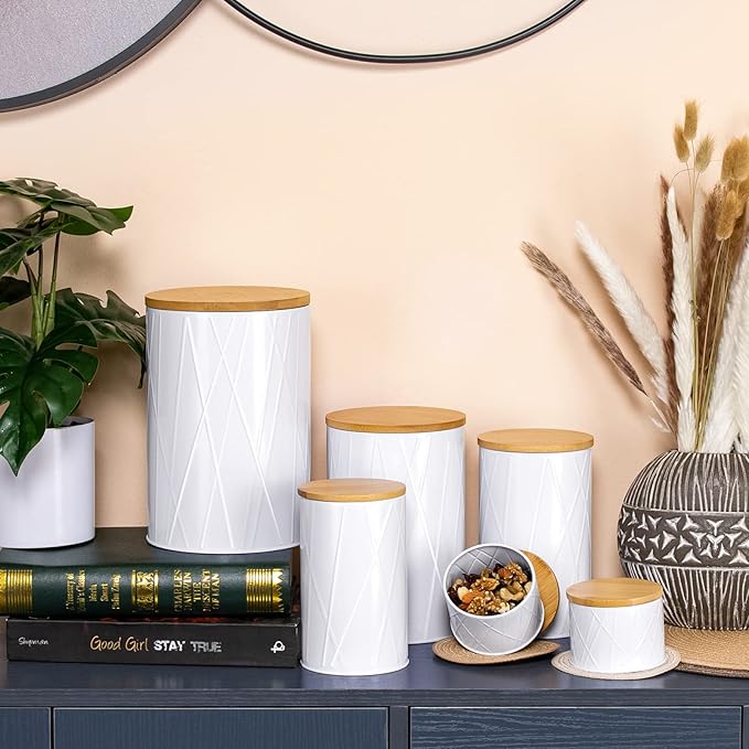White Canister Sets for Kitchen Counter, Kitchen Canisters Set of 6, Flour and Sugar Containers, Coffee and Tea Storage, Modern Farmhouse Kitchen Decor
