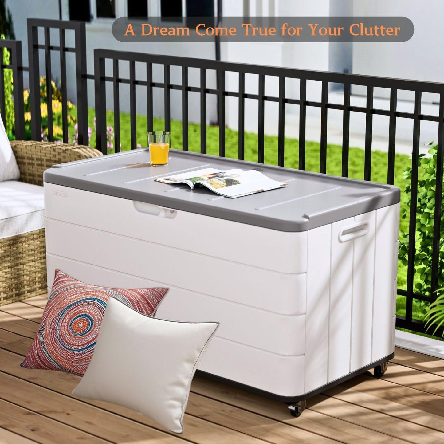 ZZM 110 Gallon Outdoor Deck Box with Wheels, Waterproof Resin Storage Cabinet for Patio