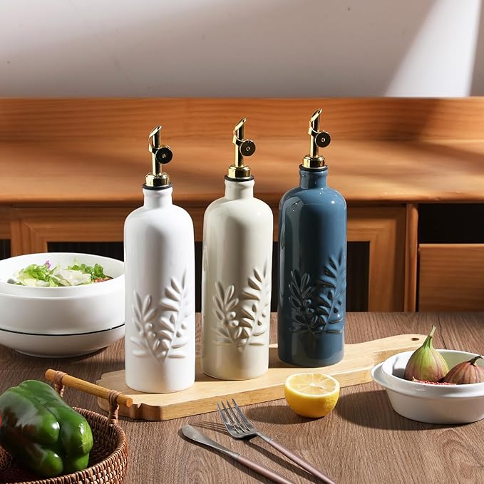 Sweejar 18 Oz Oil Dispenser for Kitchen with Gravity Spout, Ceramic Olive Oil Dispenser Bottle, Relief Opaque Vinegar Container for Evoo, Vinegar, Soy Sauce, Pack of 1(Fogblue, Silver Spout)