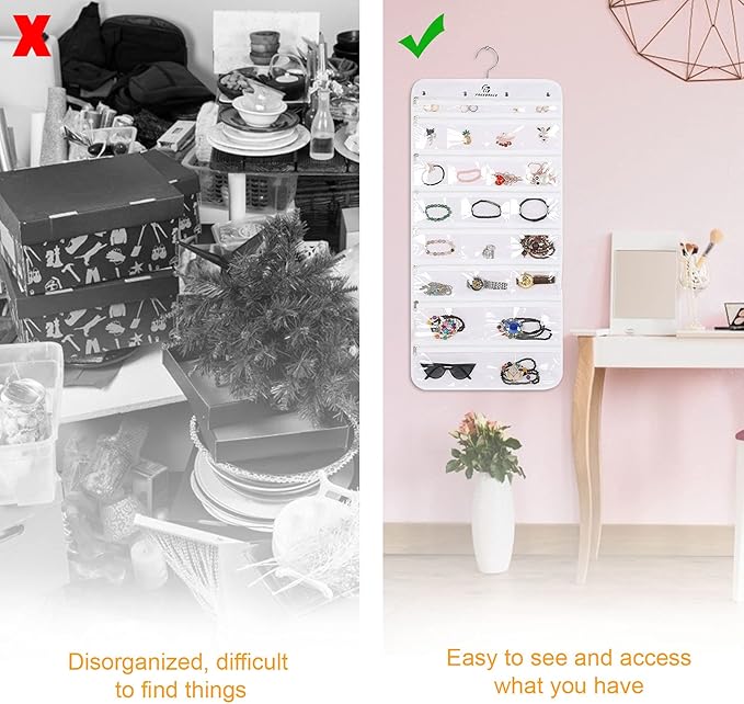 Freegrace Hanging Jewelry Organizer Revolving Hanger - Secure Zipper Closure - 50 Pockets - Foldable Storage & Display Solution - For All Jewelry & Bijoux (White)