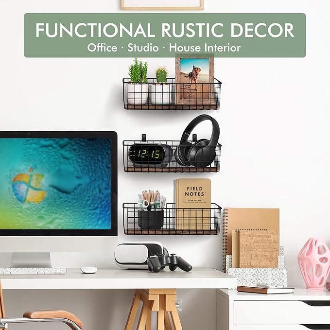 Wall Hanging Baskets 3 Pack, Extra Large Diversified Wire Basket Shelves of Wooden Style, with Wall Mounted Hooks & Traceless Stickers, for Kitchen Coffee Bar Office Room Garage Storage Organization