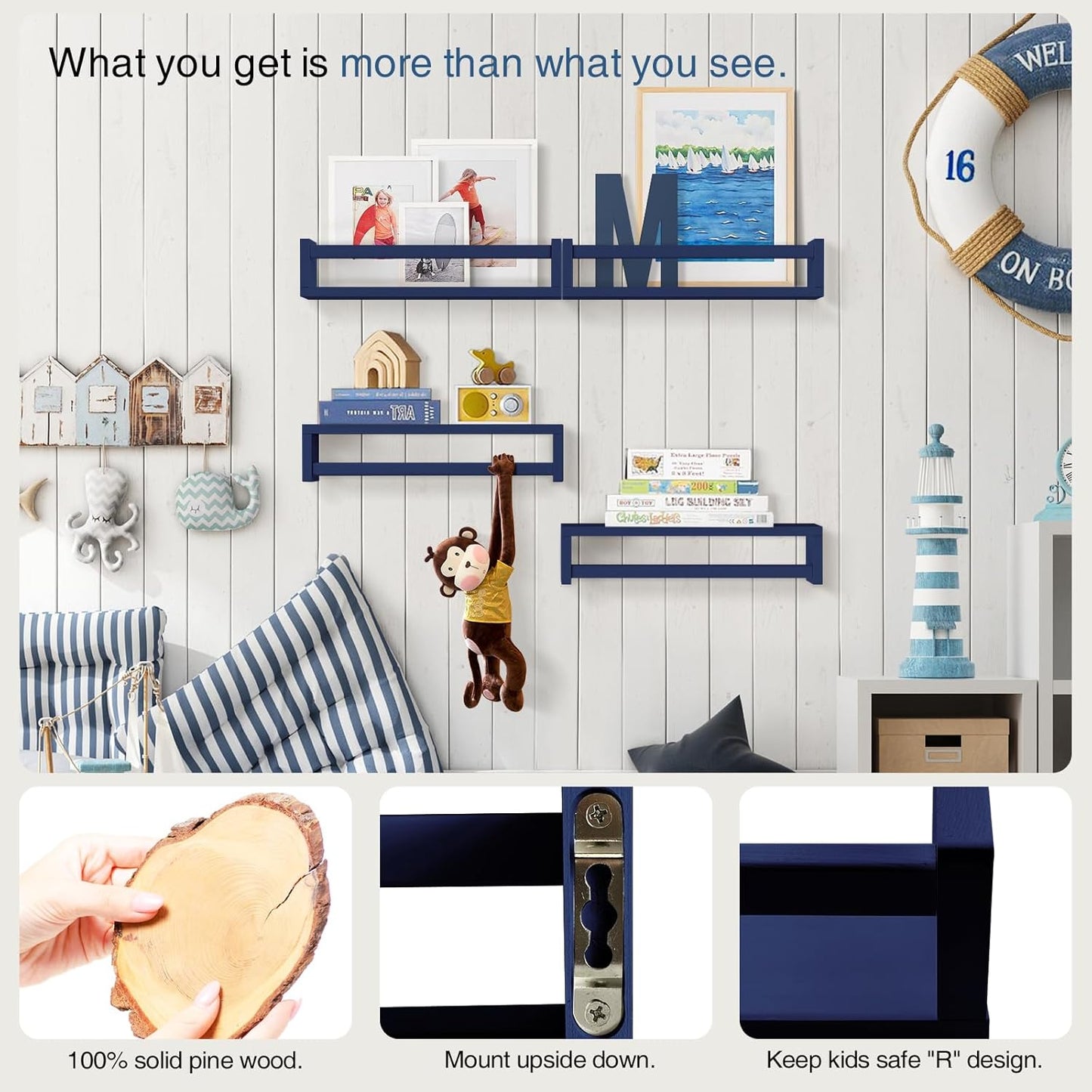 Forbena Navy Blue Floating Book Shelves for Nursery Boy, Decorative Wall Bookshelf for Kids Room, Small Wood Floating Shelves Wall Mounted for Boys Bedroom Bathroom (Set of 4, Blue)