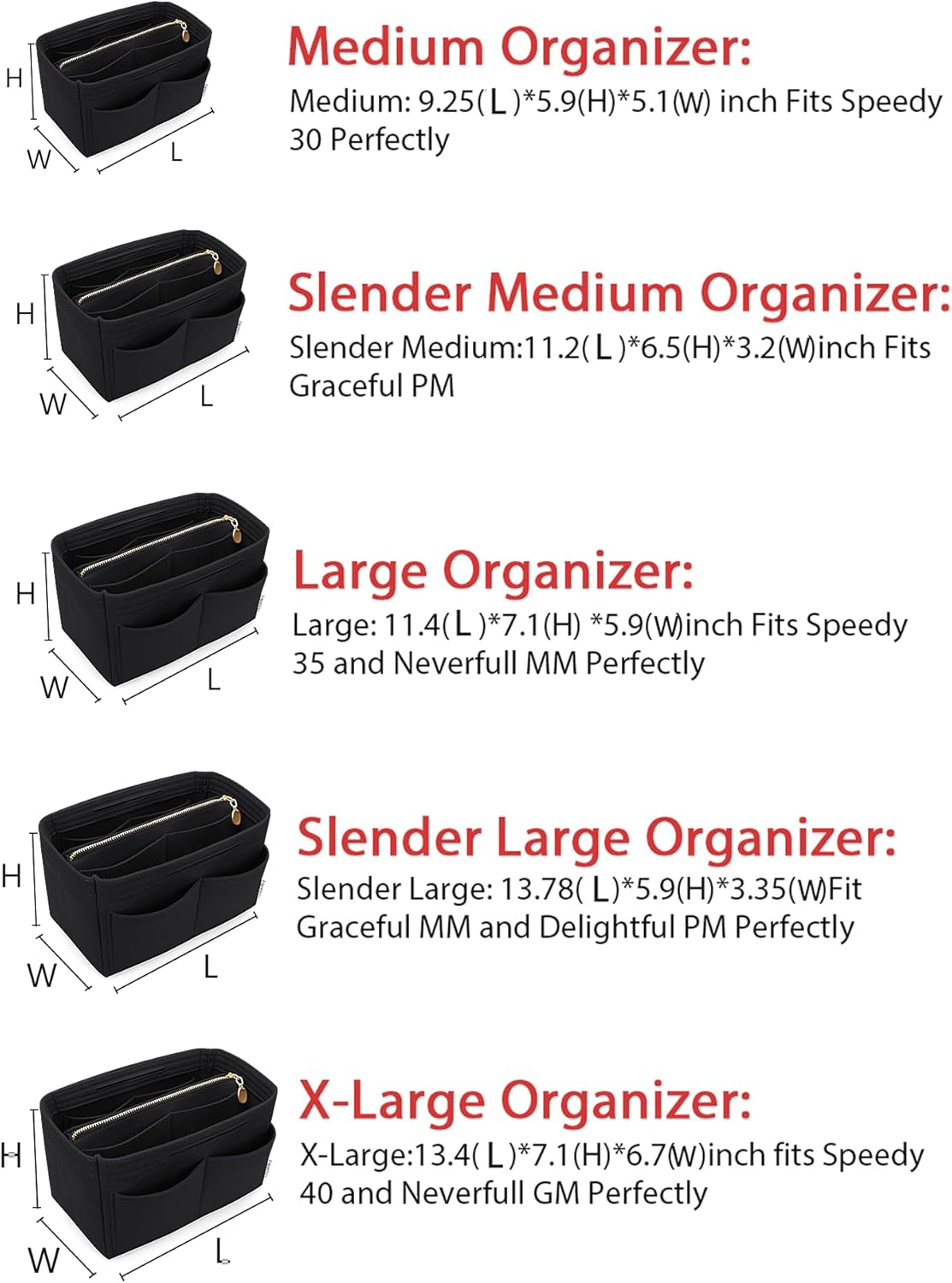 LEXSION Felt Purse Bag Organizer Insert with zipper Bag Tote Shaper Fit Speedy Neverful PM MM