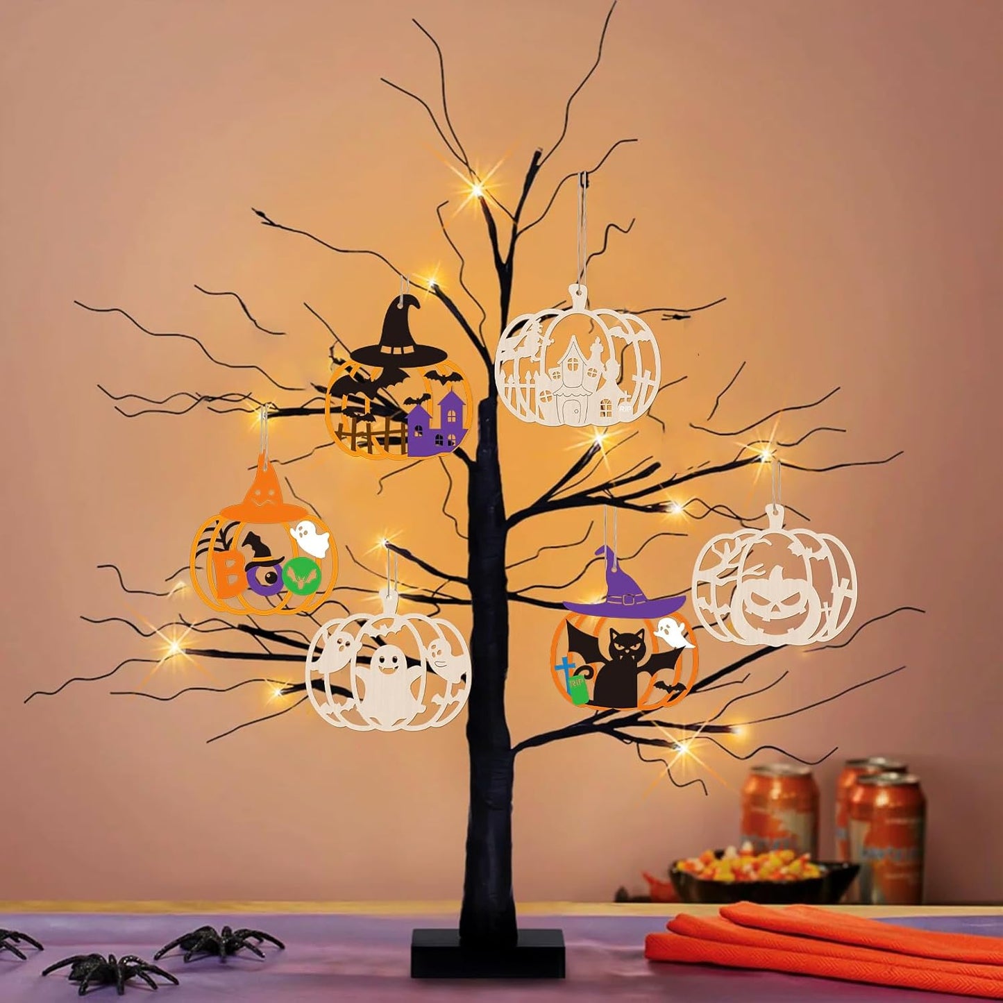 24 PCS Unfinished Wooden Halloween Crafts,Pumpkin Shaped Hanging Ornaments DIY Wood Craft Cutouts for Halloween Party Decor (Hollow Pumpkin)