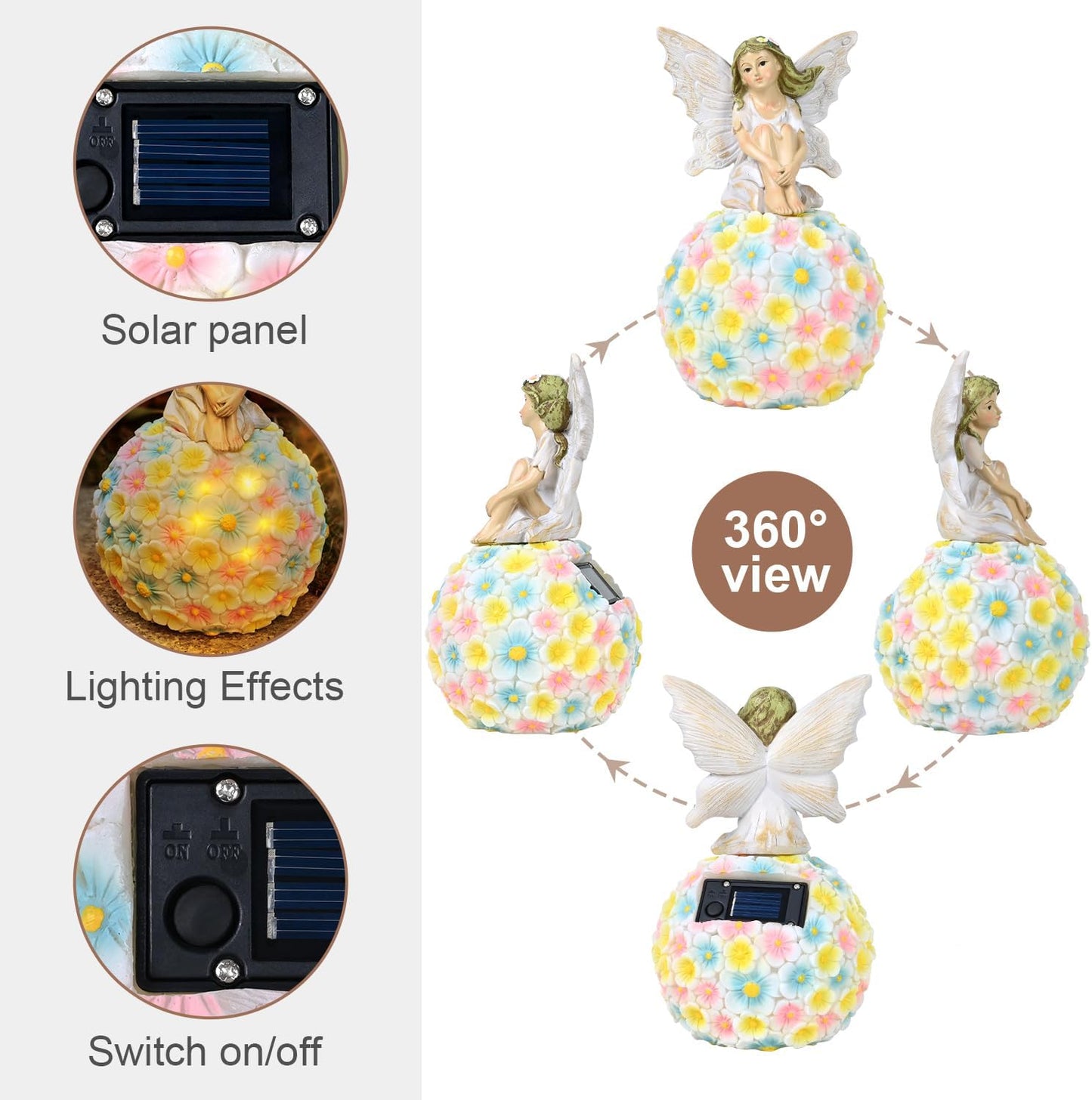 Solar Flower Fairy Garden Decor-Outdoor Fairy Statue-Garden Fairy Figurine Decor for Outside Patio Lawn Yard Porch Ornament,Resin Fairies Statues Decorations,Tall 7.8 Inches, White