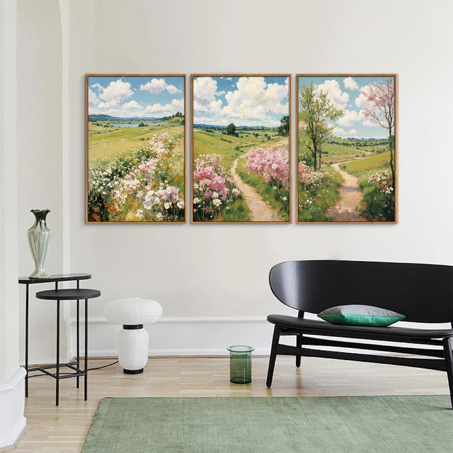 Tinonedraw Rustic Landscape Framed Canvas Wall Art Triptych, Blue and White Wall Decor, Vintage Botanical Floral Artwork, Modern Country Nature Farmhouse Art Prints for Living Room Bedroom 16"x24"x3